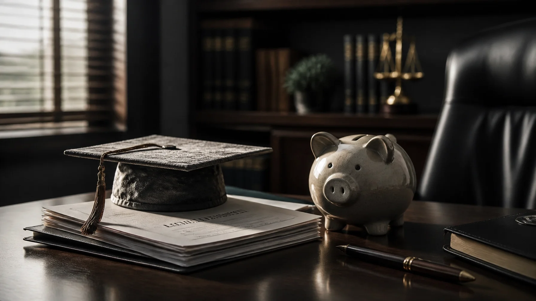 Moody legal desk with a graduation cap and piggy bank representing RESP divorce settlements in Ontario