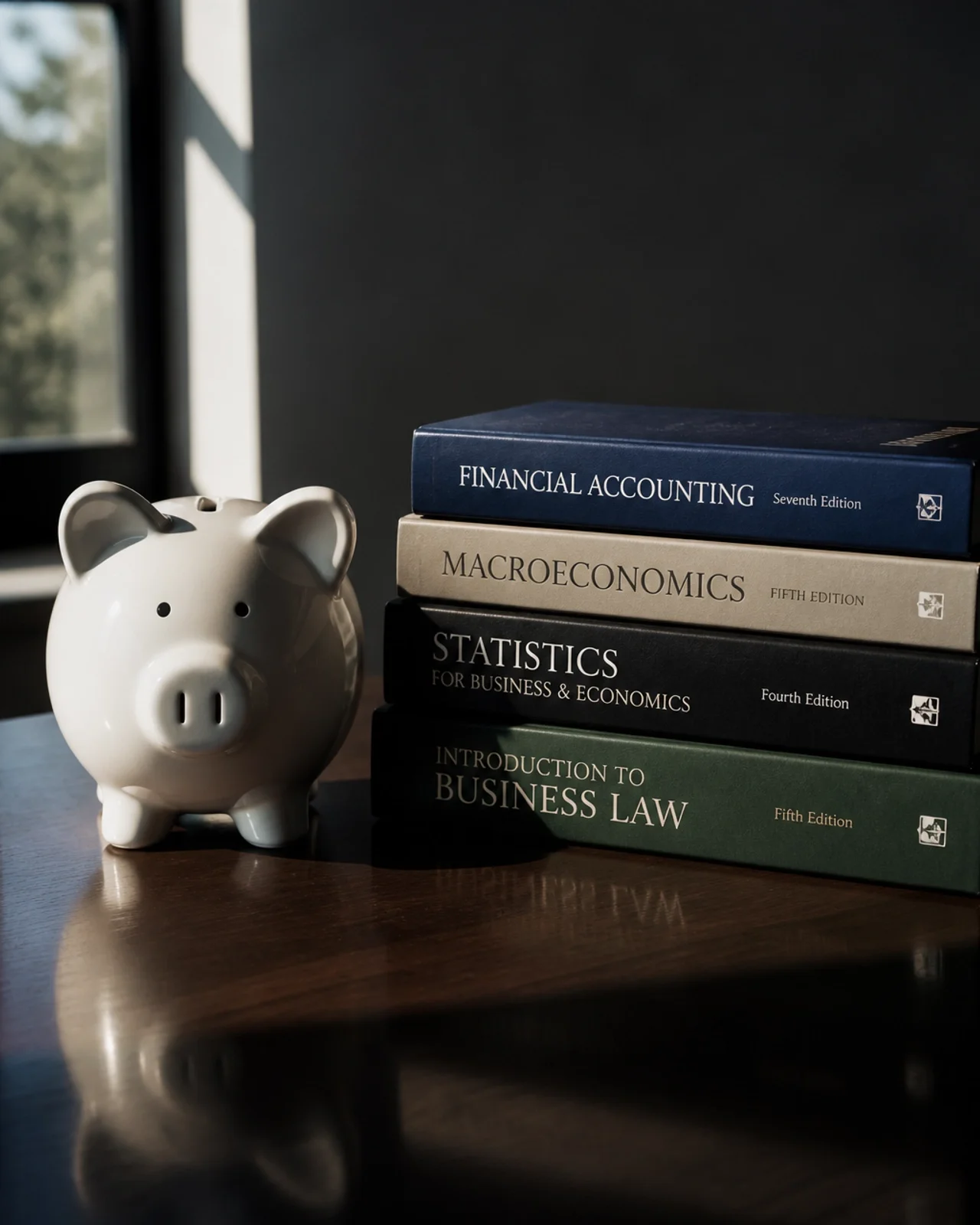 A piggy bank next to university textbooks representing the future of education savings