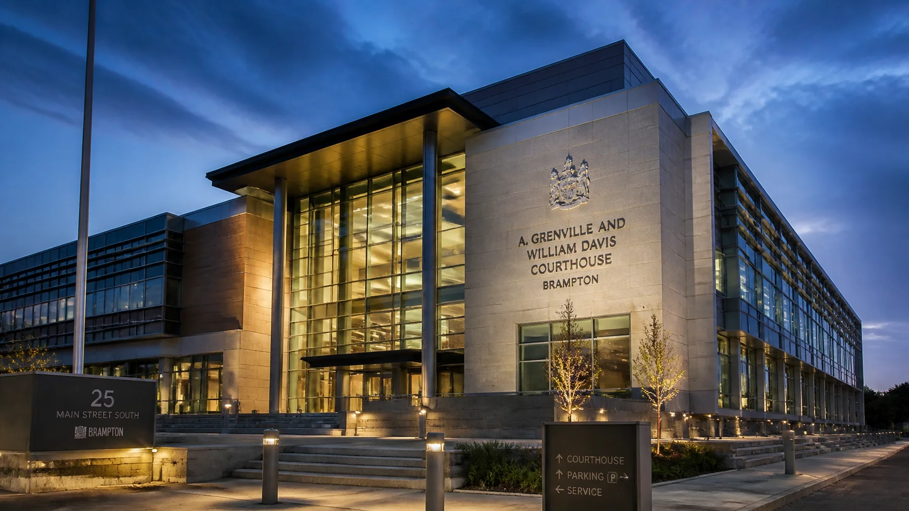 The A. Grenville and William Davis Courthouse in Brampton, Ontario, where Peel Region criminal and family matters are heard