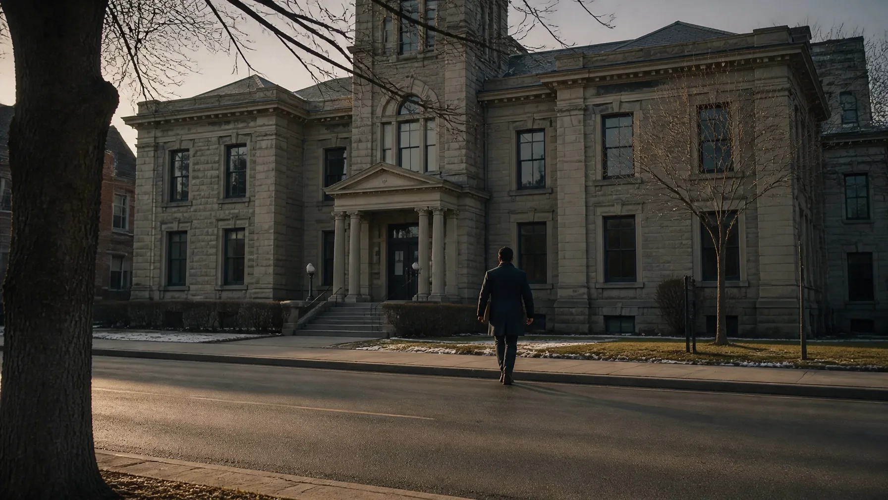 Moody exterior view of an Ontario courthouse with a person carrying a legal folder