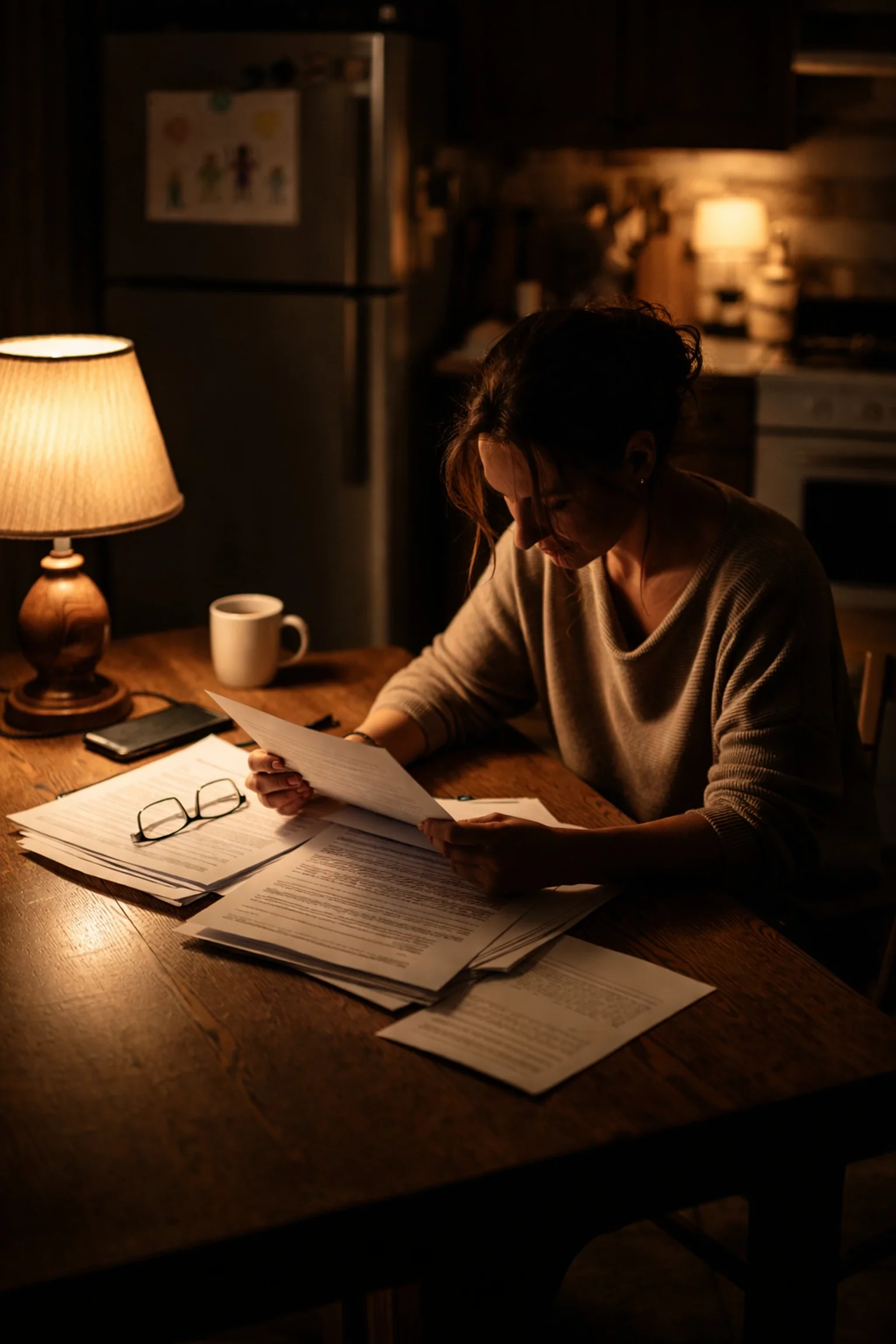 Brampton parent reviewing no-contact order legal documents under moody lighting for family law case.