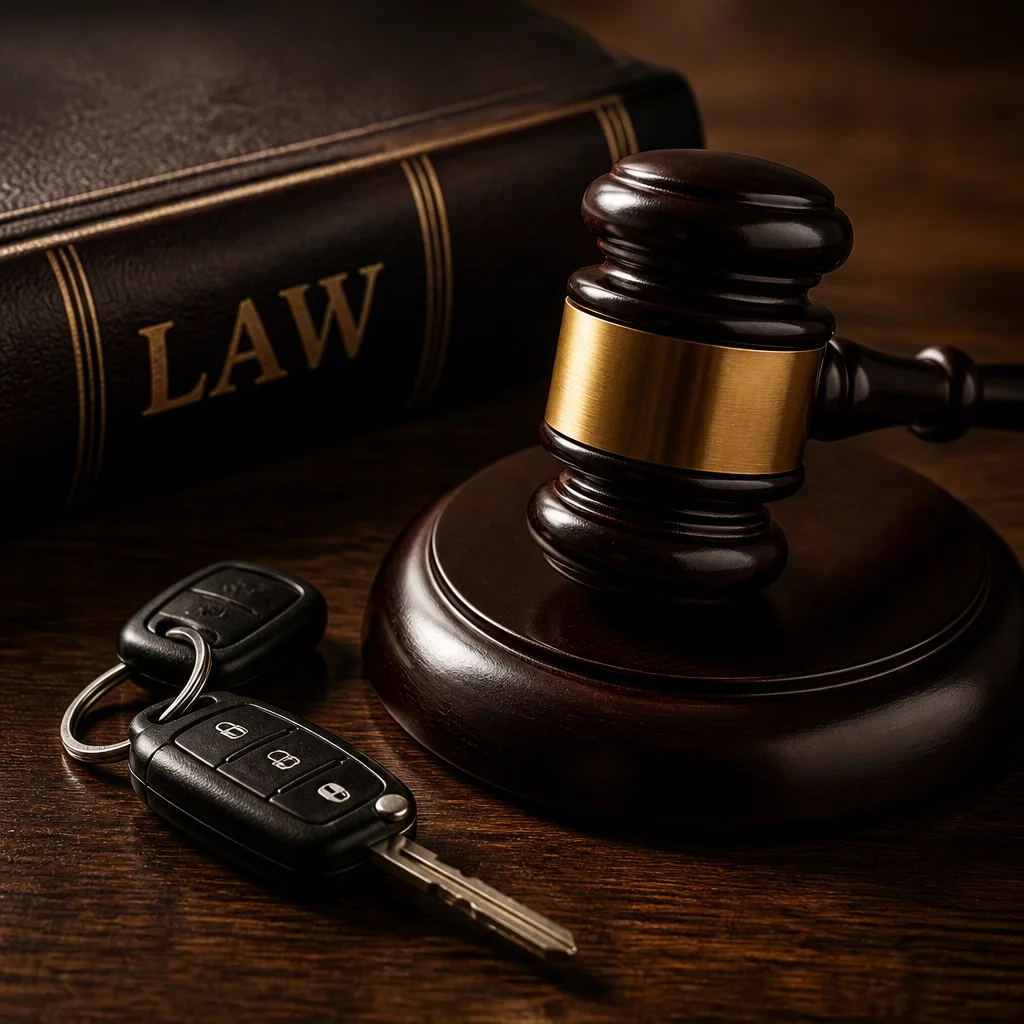 A legal gavel and car keys on a desk, representing the intersection of court orders and transportation for parenting exchanges.