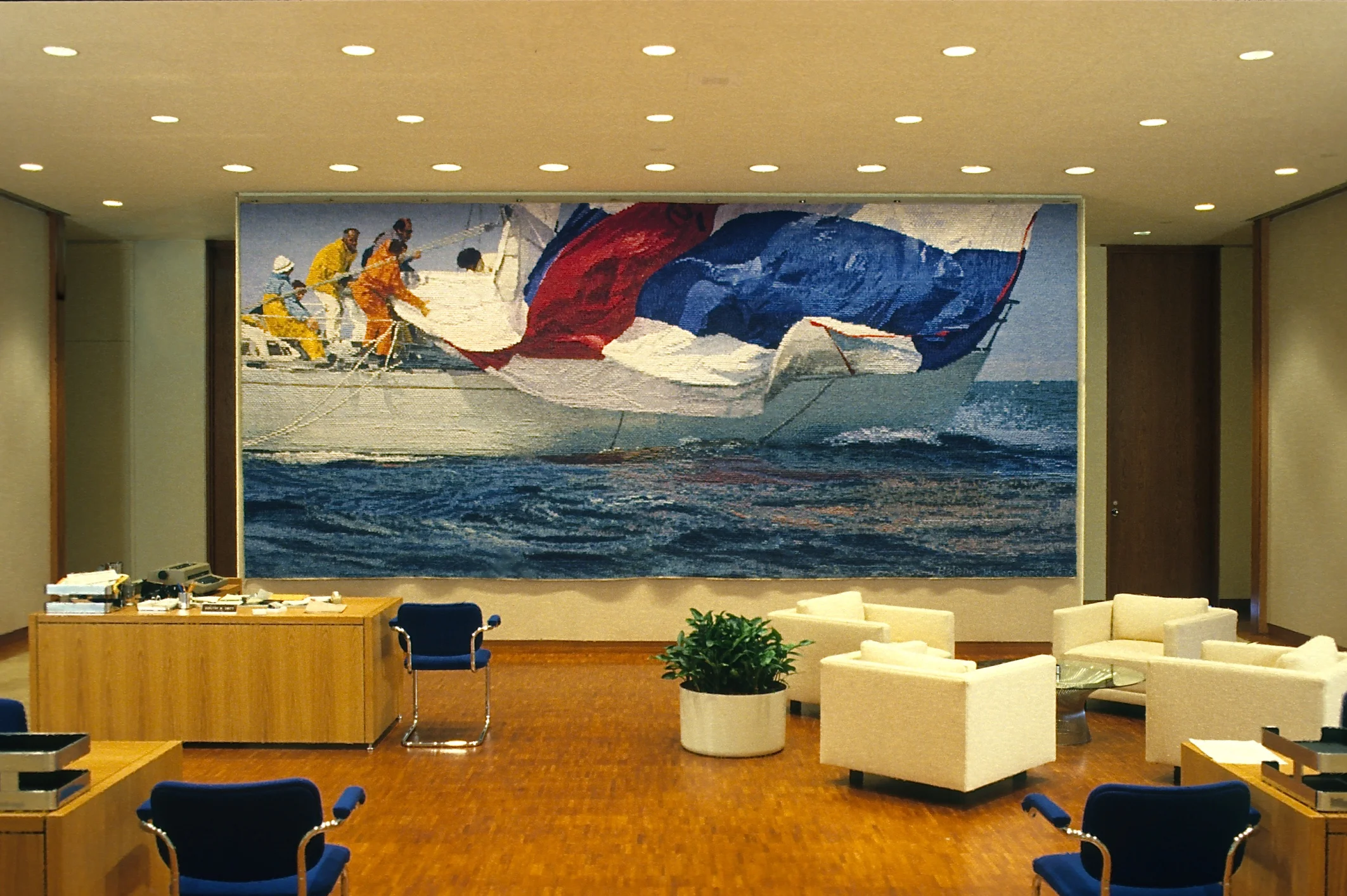 Sailing, 1976. Wool, linen, cotton, 120 x 264 in. Federal Reserve Bank of Boston, Boston, MA. Photo: Norman McGrath