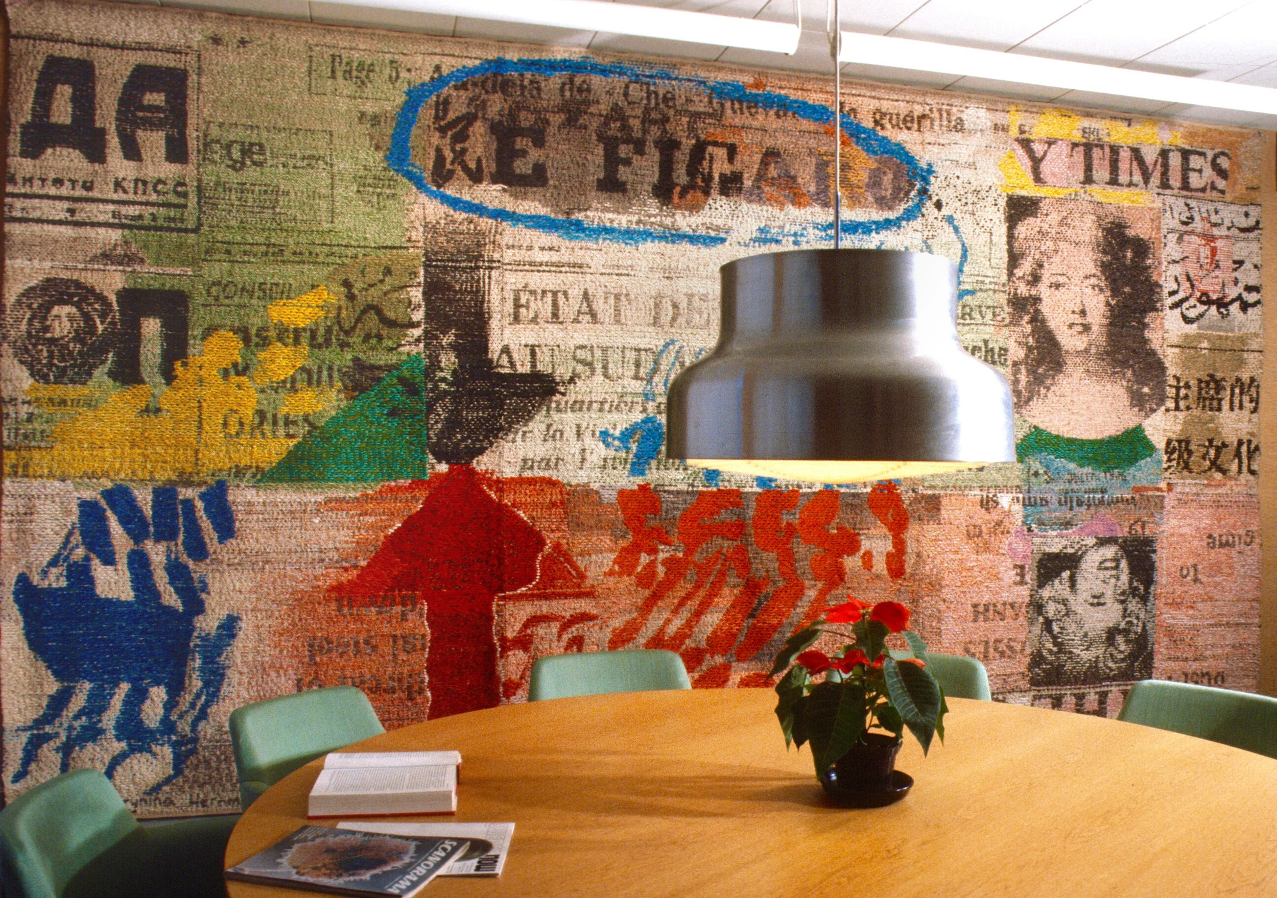 Newspapers, 1968. Wool, linen, cotton, 110 x 195 in. Ministry for Foreign Affairs Press Club, Sweden House, Stockholm. Photo: Photo: Hans Hammarskiöld