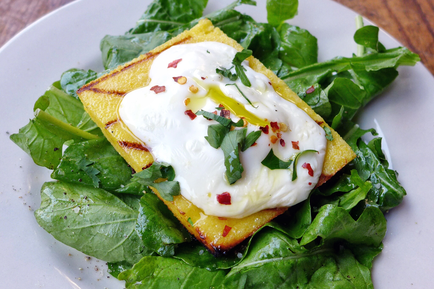 Grilled Polenta with Stracchino cheese and Arugula 