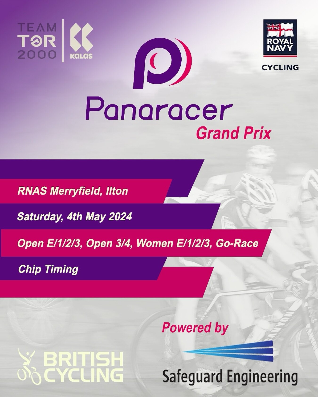 Boom, we are back! In conjunction with @royalnavycycling Tor is promoting at #rnasmerryfield x4 races on the 4th May. Open Nat B (E123) Women&rsquo;s (E123) Open Reg B (3/4) and Go-Race (Novice). 
.
Thanks to @panaraceruk and #safeguardengineering fo