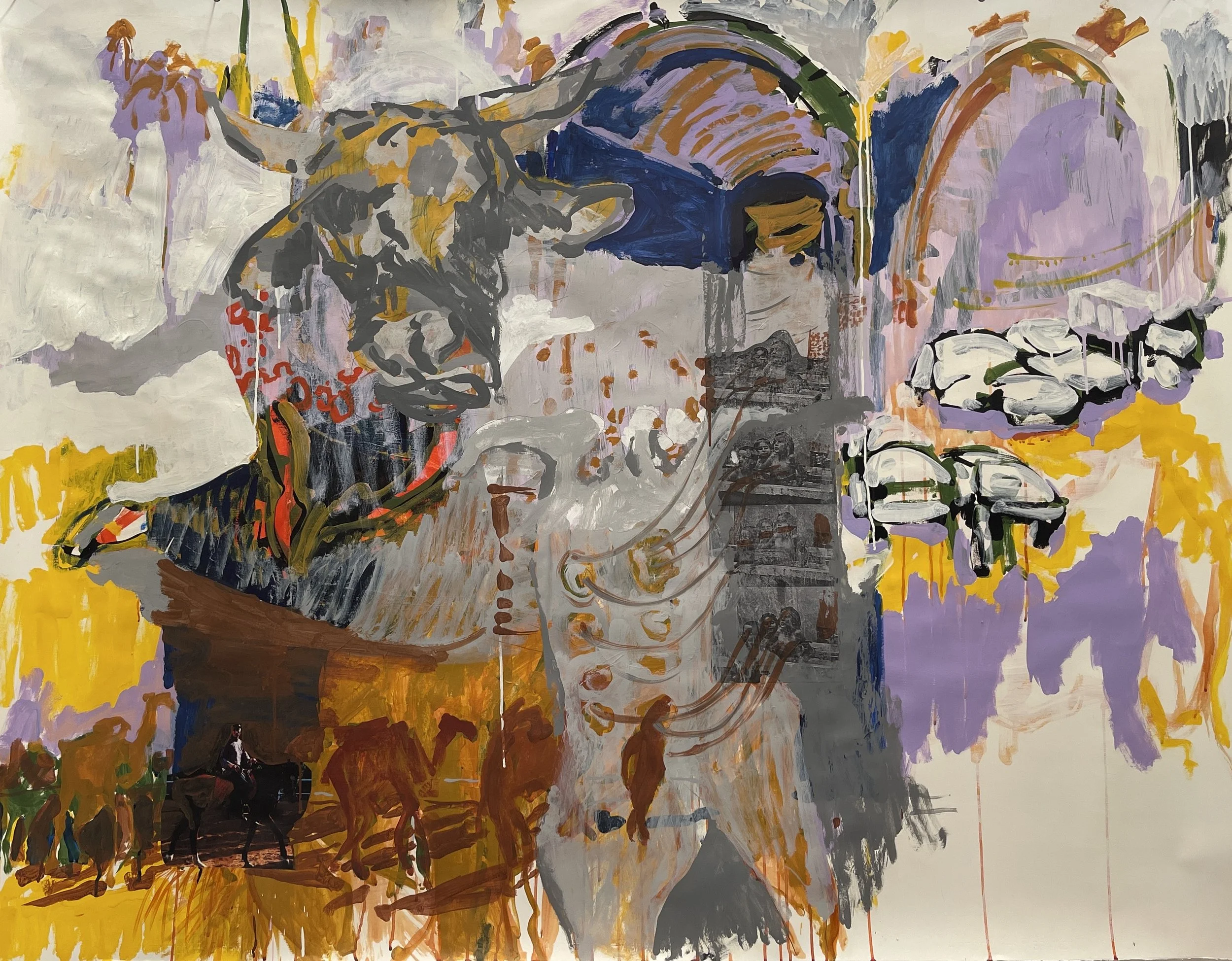 Damascus, Acrylic and Collage on Paper, 55.5 H x 71.5 W inch, 2025