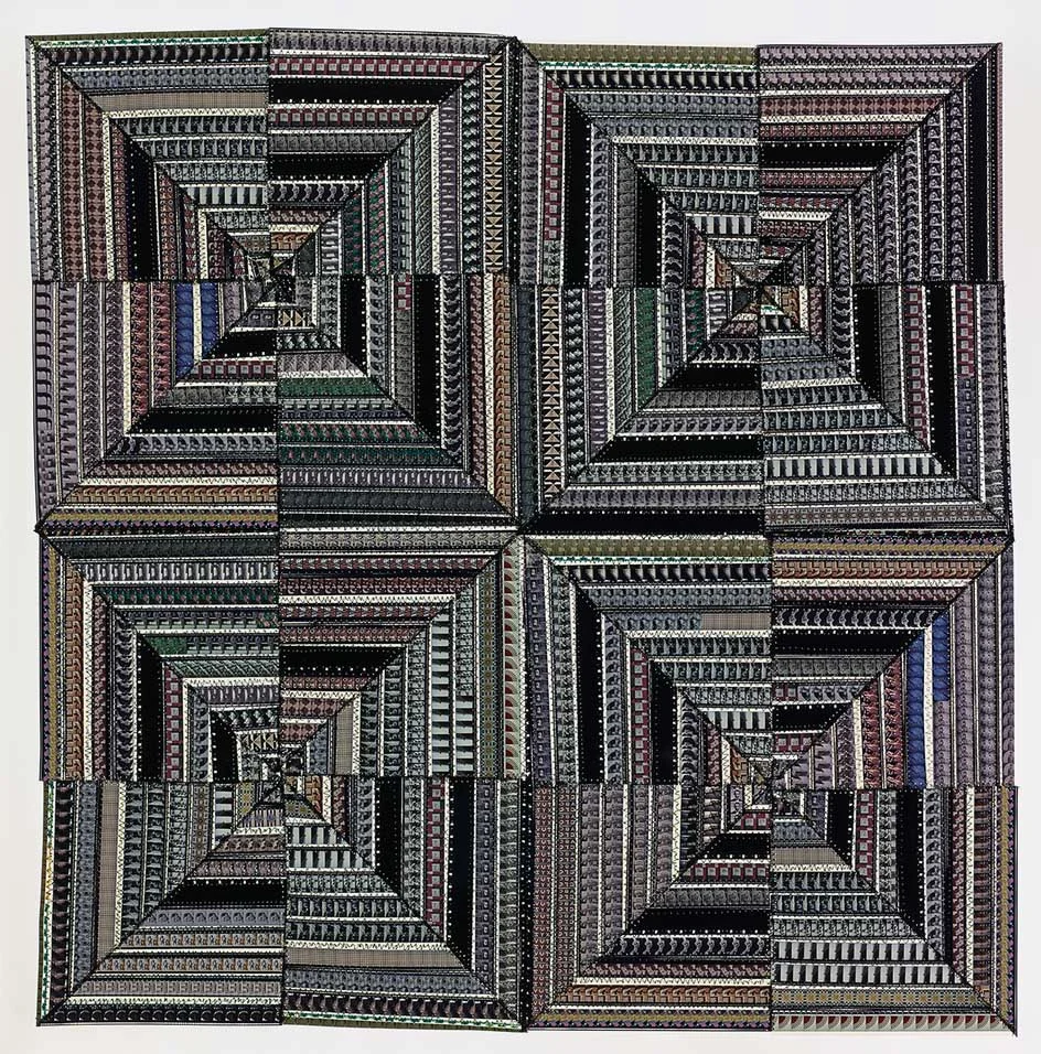 "Lowell Offering Log Cabins," 2015. 16mm film, polyester thread, LEDs. 27 3/4 x 27 5/8 x 3 in.