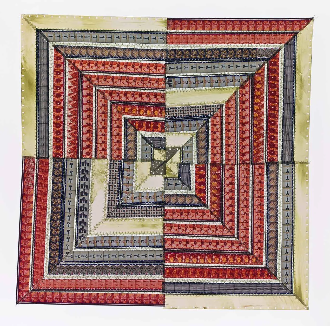 "Hearts and Hands, Arts and Crafts Square," 2014. 16 mm film, polyester thread, lithography ink, LEDs. 15 7/8 x 15 5/8 x 3 1/16 in.