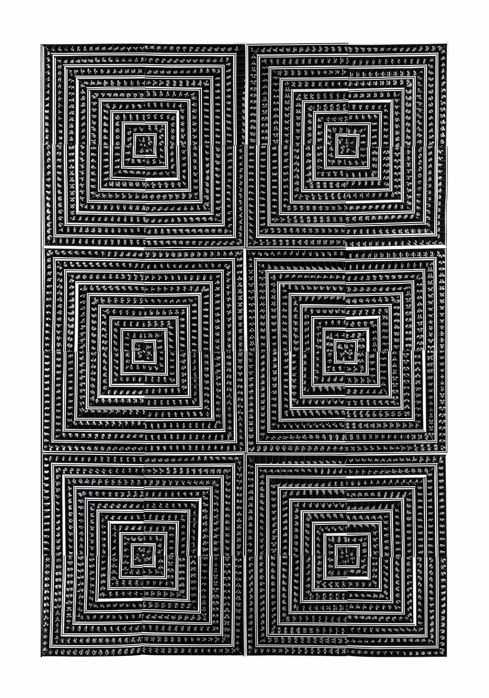 “Cinema Sanctuary Study 2: Alice Guy-Blache’s 1897 Serpentine Dance By Mrs. Bob Walter,” 2019. 35mm black and white film, polyester thread. 72 x 48 inches.