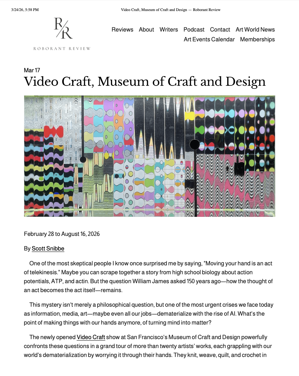  "Video Craft, Museum of Craft and Design" By Scott Snibbe.  Roborant Review . March 17, 2026. 