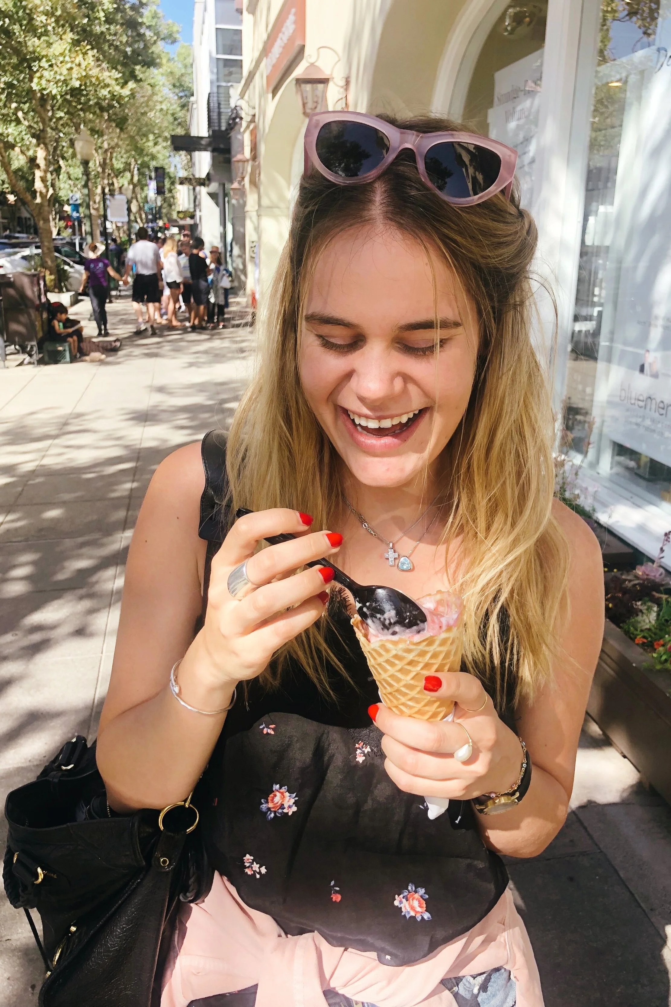 Victoria with her favorite ice-cream combo: Olive Oil & Strawberry