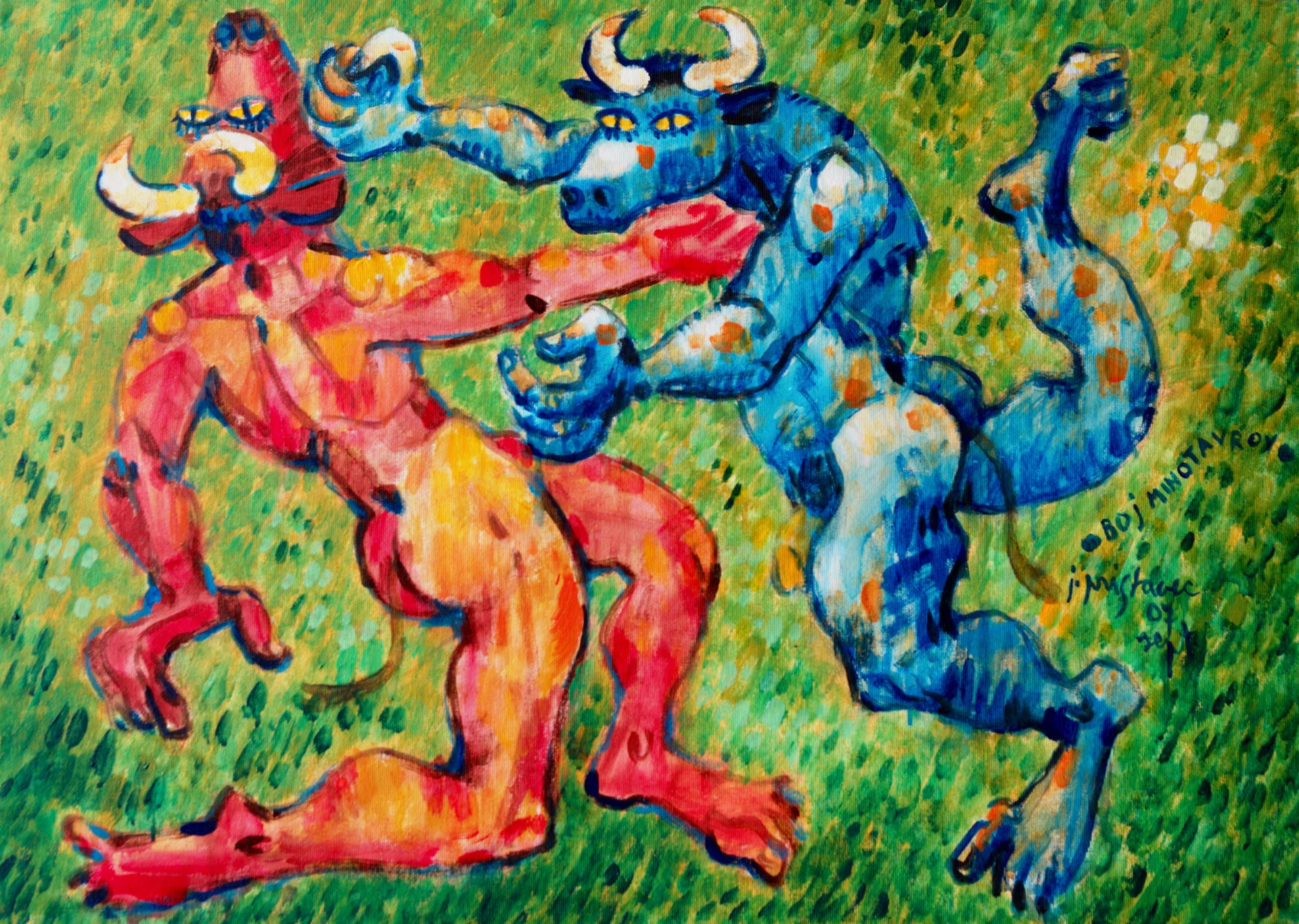 Boj minotavrov - iz cikla Mitologija 2007, akril na platnu, 70 x 50 cm