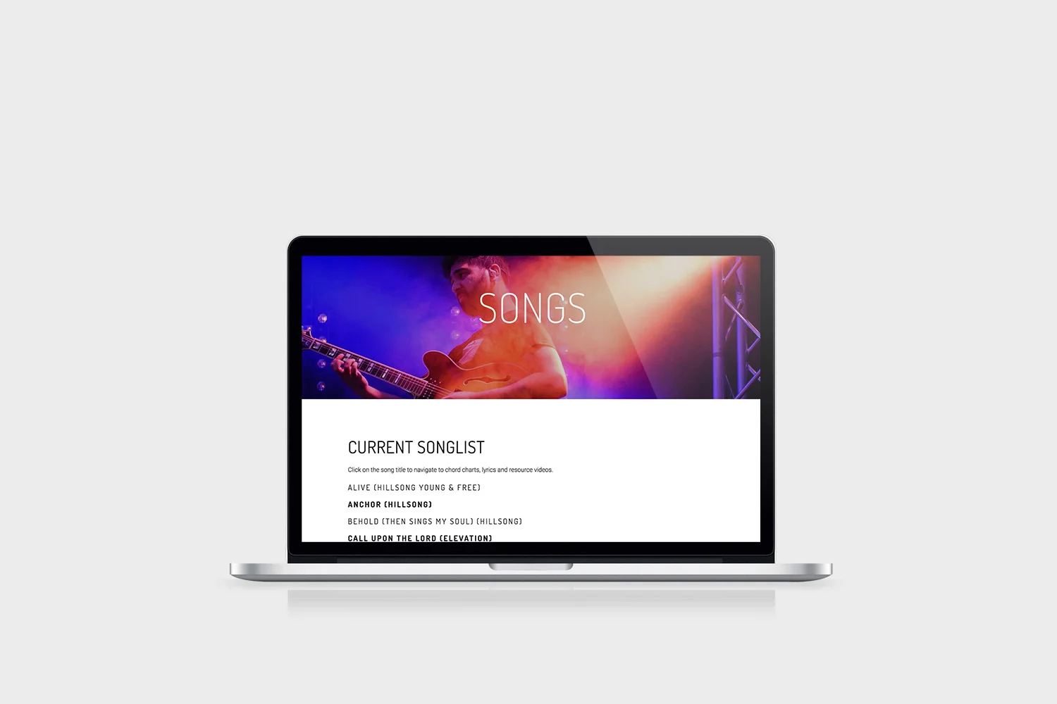 Above: the Song List page. Members can click on each song which takes them to the individual Song Resource page (see below).