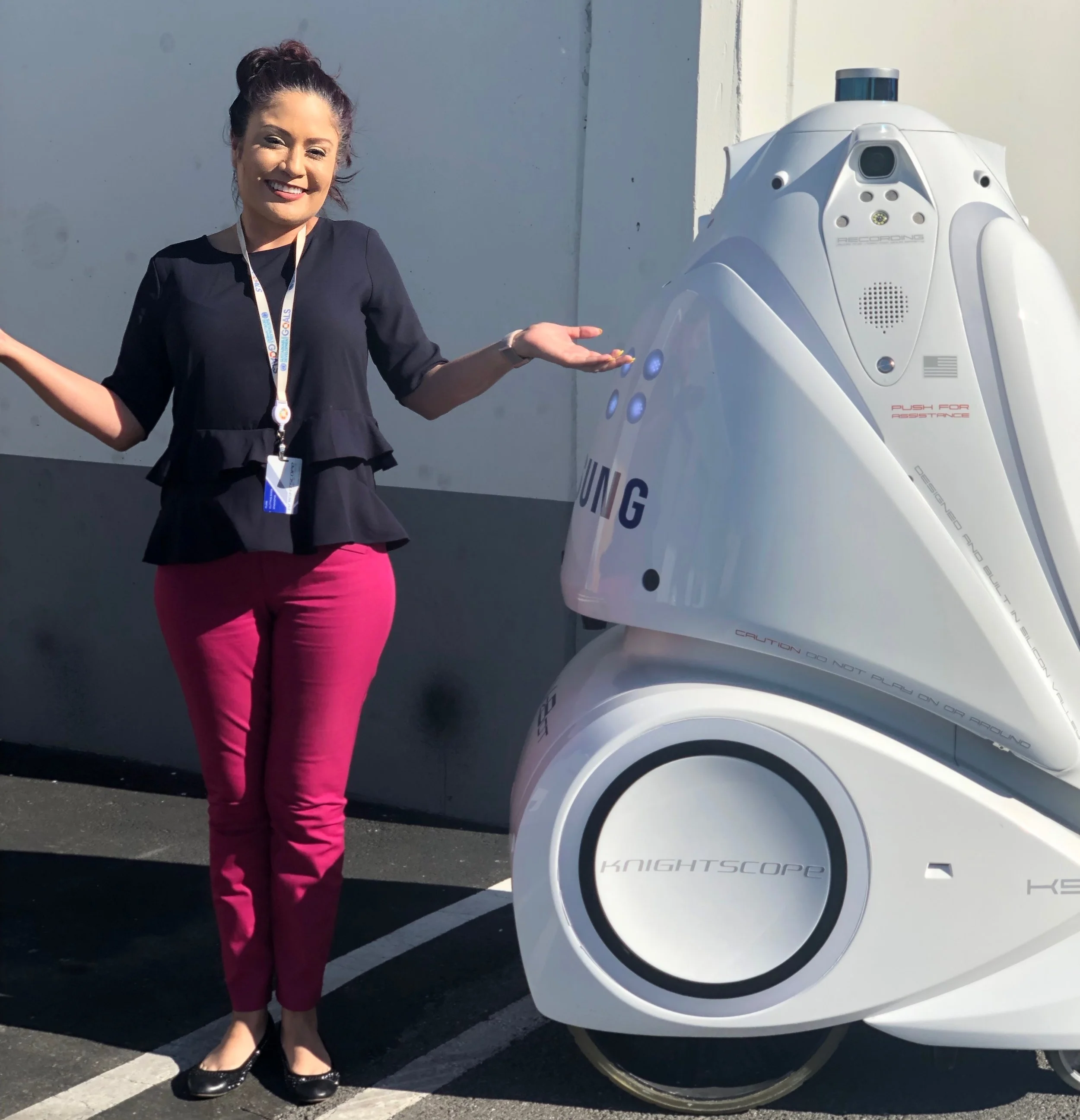 ABOVE: Mercedes Soria, EVP and Chief Intelligence Officer with a 4th Generation Knightscope K5 Autonomous Data Machine (aka #securityrobot)