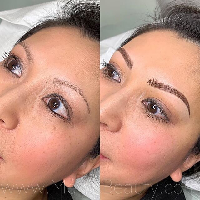 Before and immediately after my signature pow pow brows technique. Let me know what you think about this transformation 💕