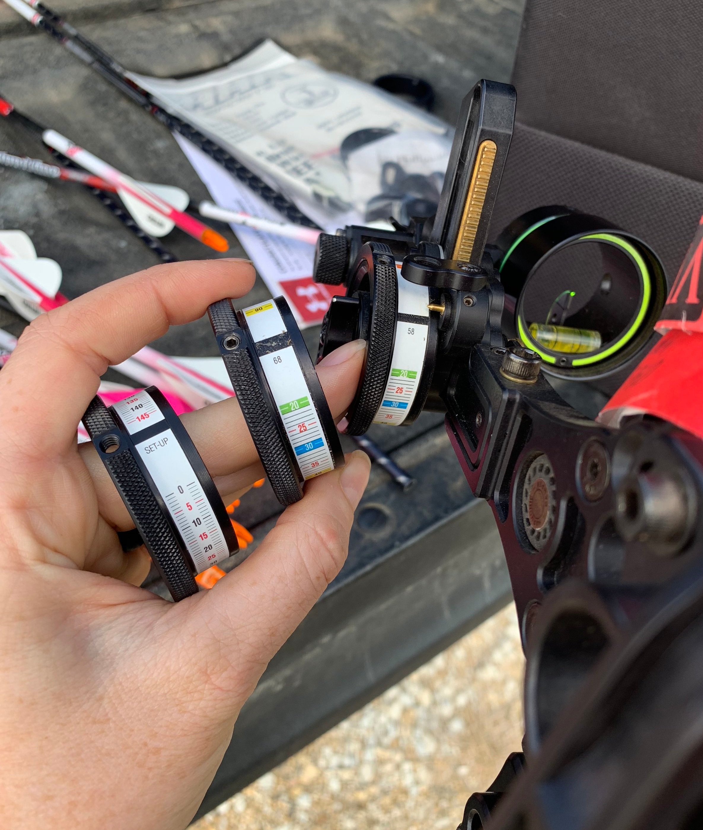 HHA Optimizer King Pin From left to right: 1. Setup wheel: used to sight in bow. More on sighting in here . 2. Elk hunt wheel = tape #68 3. Antelope hunt wheel (also my 3D archery setup) = tape #58