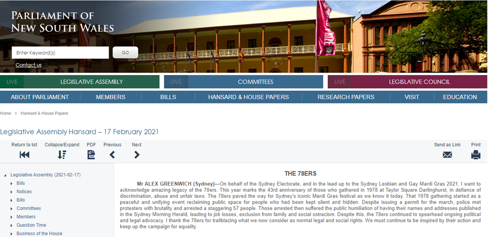 NSW Parliament (Legislative Assembly) Hansard: Community Recognition Notices - The 78ers