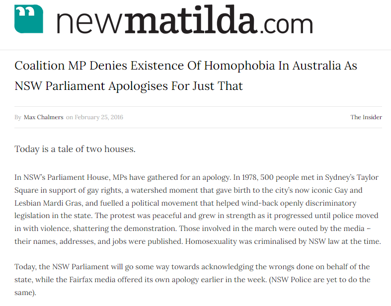 New Matilda: Coalition MP Denies Existence Of Homophobia In Australia As NSW Parliament Apologises For Just That