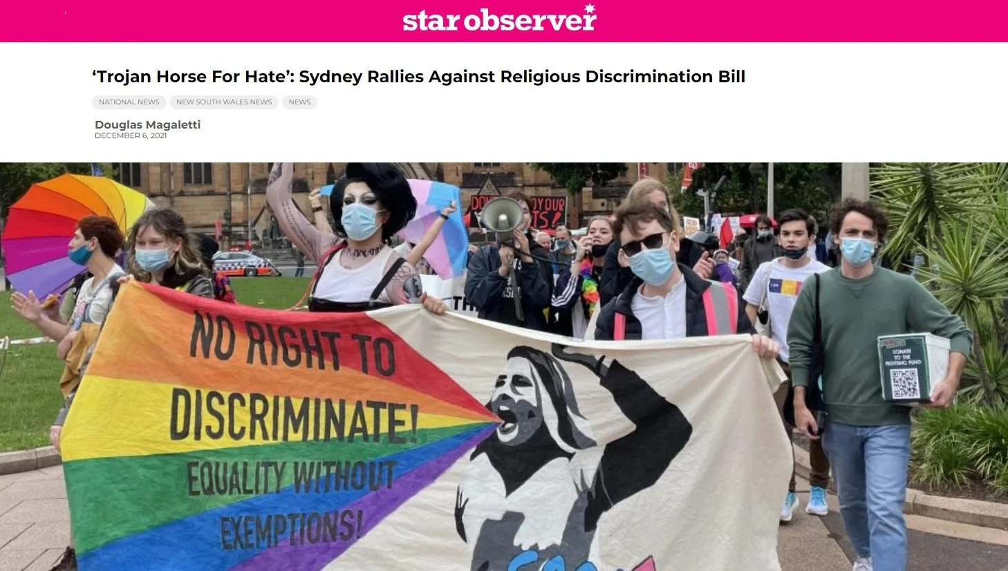 Star Observer: ‘Trojan Horse For Hate’: Sydney Rallies Against Religious Discrimination Bill