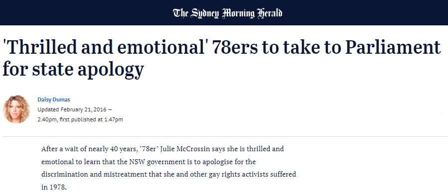 SMH: 'Thrilled and emotional' 78ers to take to Parliament for state apology