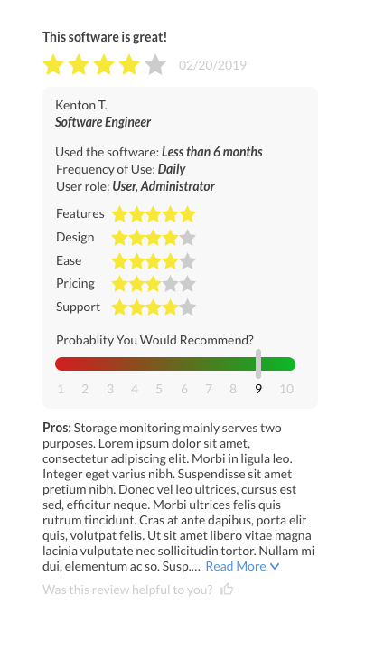 The redesigned review widget was designed to be responsive - here is what the widget would appear on a mobile device. I designed the components to be stacked.