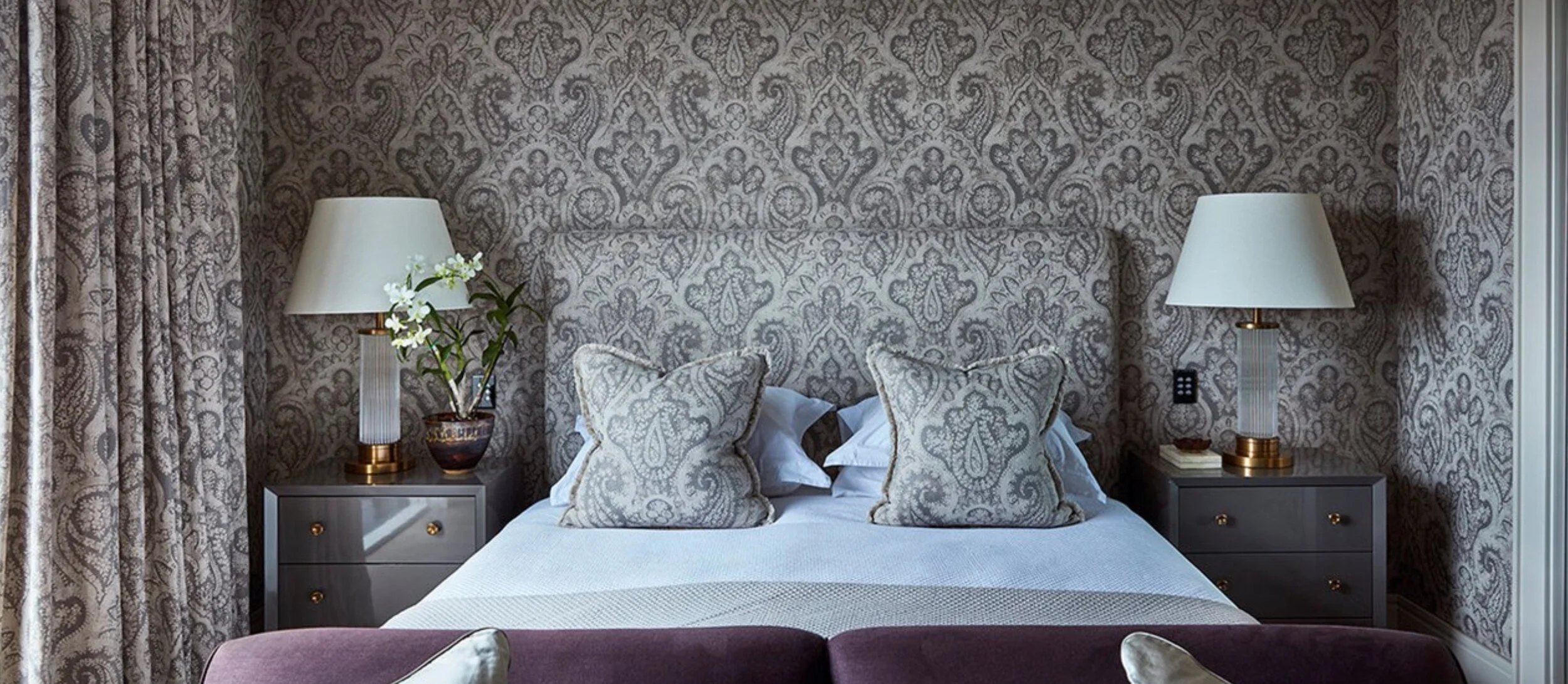 HOTEL SUITE, FABRIC LINED WALLS AND HEADBOARD
