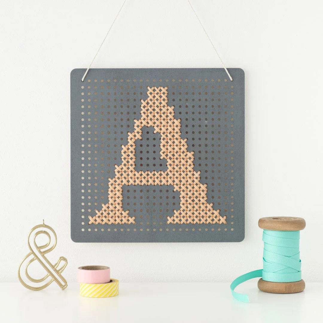 Grey Cross Stitch Pegboard Wall Art Board DIY Craft Kit by Cotton Clara