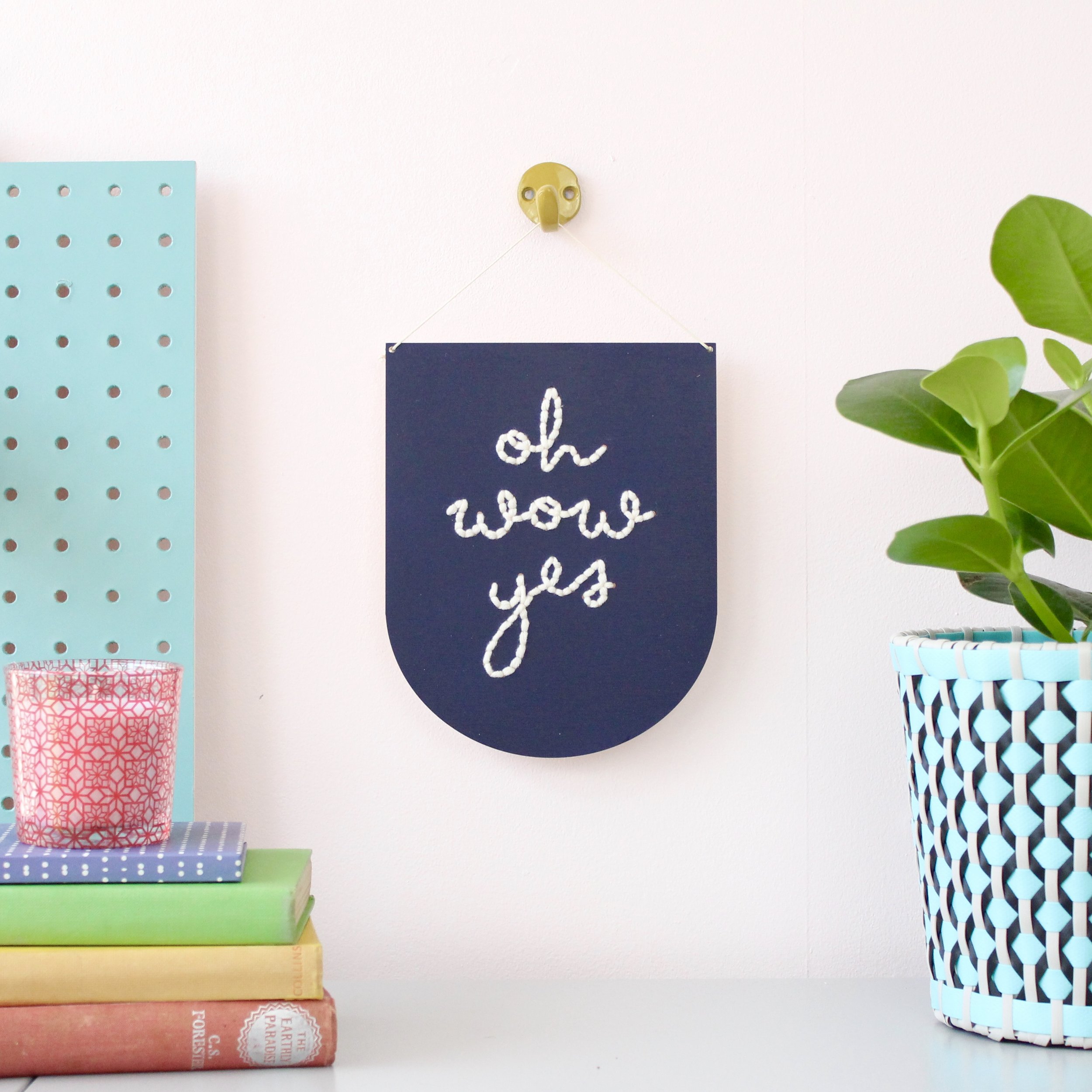 'Oh wow yes' Large Navy Script Embroidery Board Kit by Cotton Clara