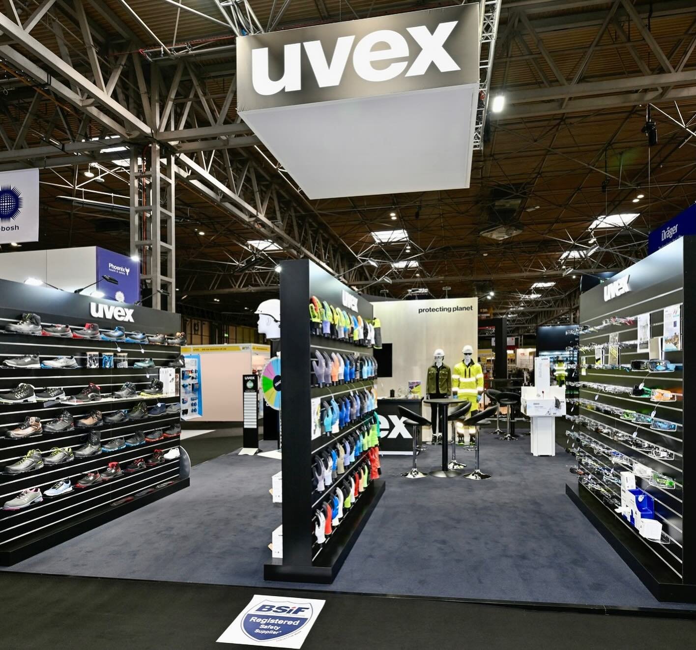 Last day of the #healthandsafetyevent at the #nec today, so last chance to see this beauty we built for our friends @uvexsafety along with their range of head to toe PPE solutions, hall 4 stand F20 #hse24 #standdesign #tradeshowbooth #exhibitiondesig