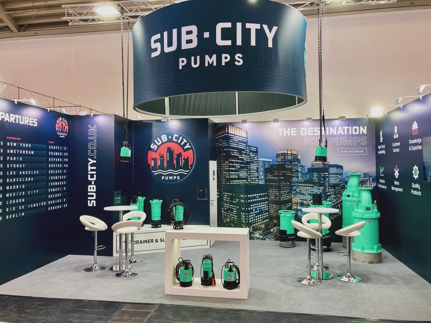 Quick shot of a stand we built at #ifat in Munich yesterday for the launch of new clients Sub-City Pumps, complete with their pump product pendant lights! Check out their range of submersible pumps in Halle B1, stand 511 #ifat2024 #subcity #standdesi