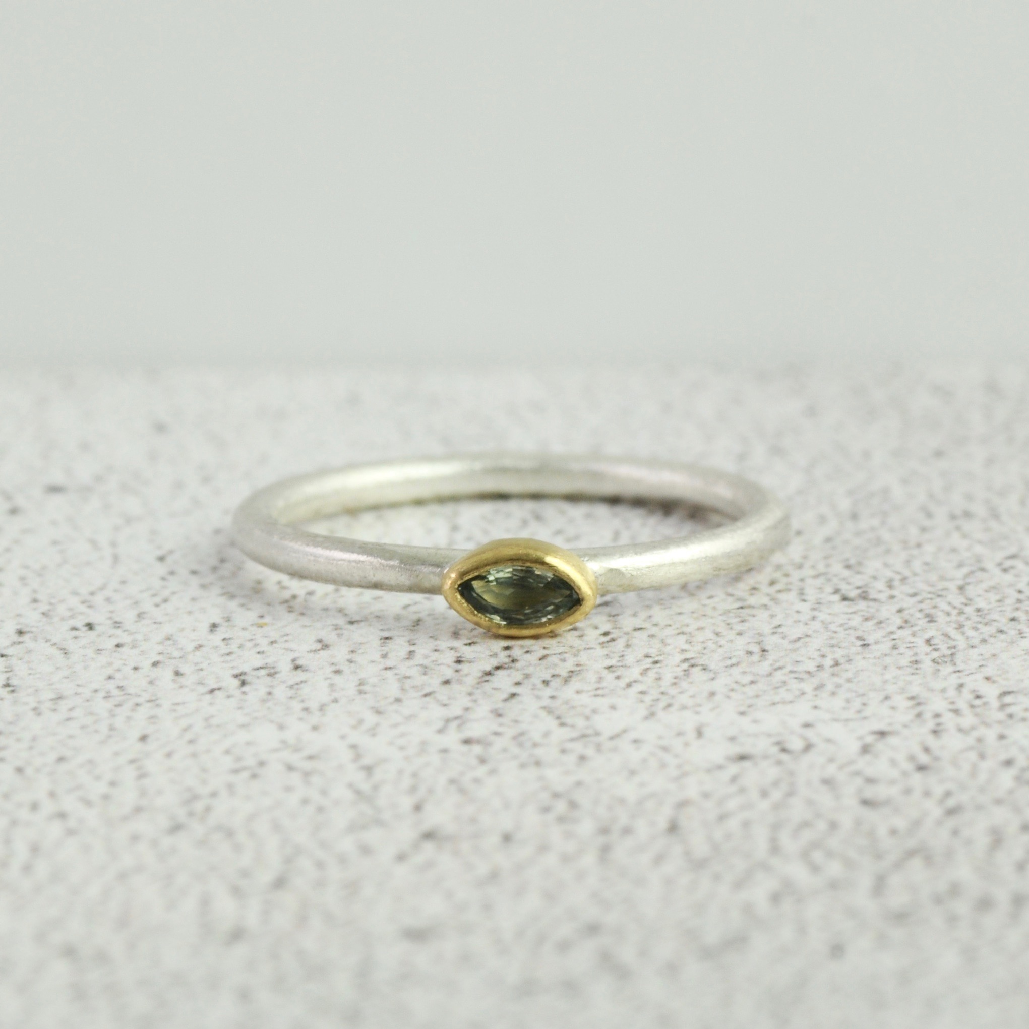 Silver and 18ct gold stacking ring with green sapphire .jpg