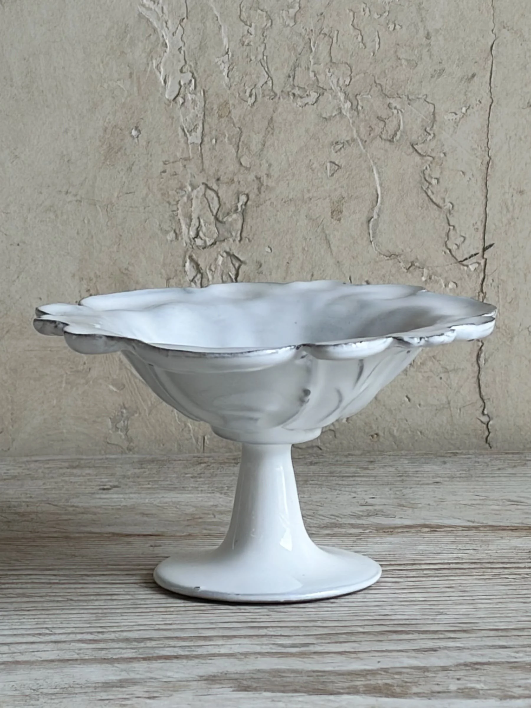 Reves d'Argile Scalloped Pedestal Bowl | White Majolica Glazed Provence Pottery