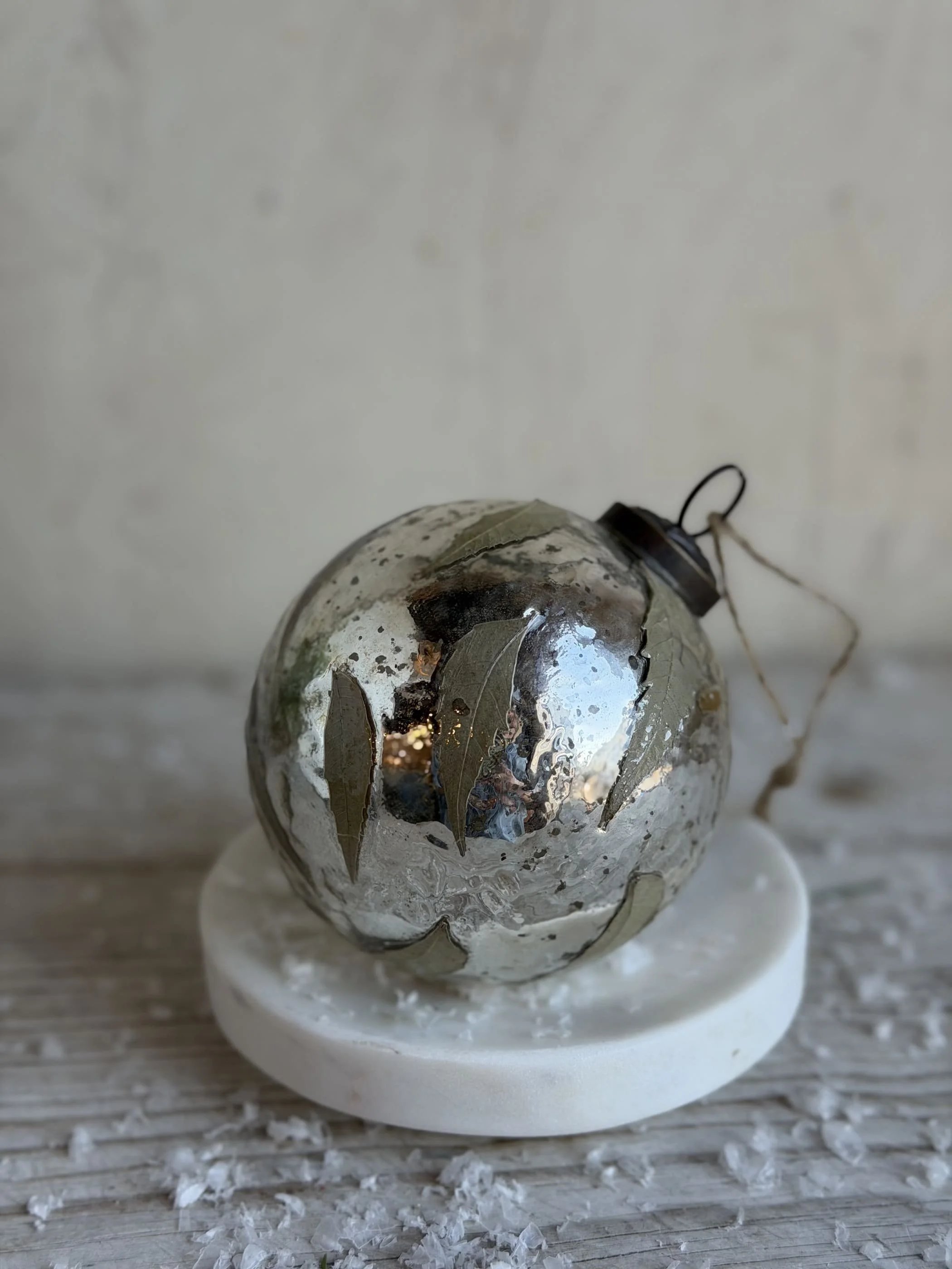 Silver Patina Glass Ball Ornament with Leaf Appliques