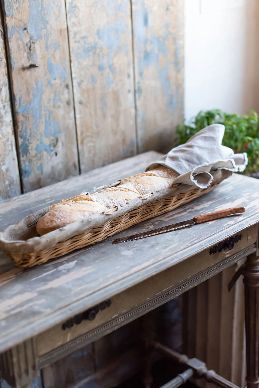 Vintage French Wicker Bread Basket - Linen Lined Boulangerie Baguette Basket