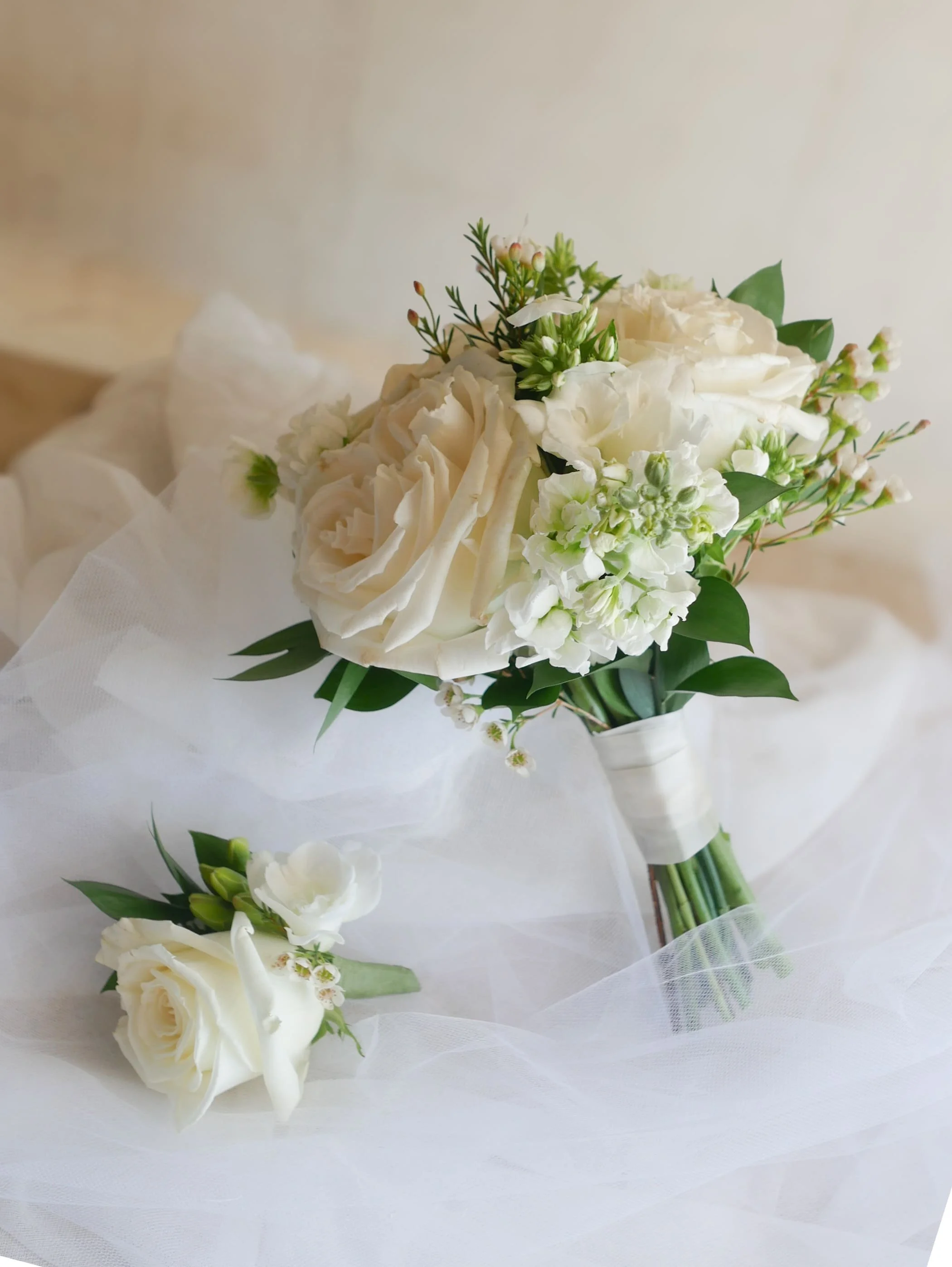 Prom Posy Handheld Bouquet & Boutonniere - Whites