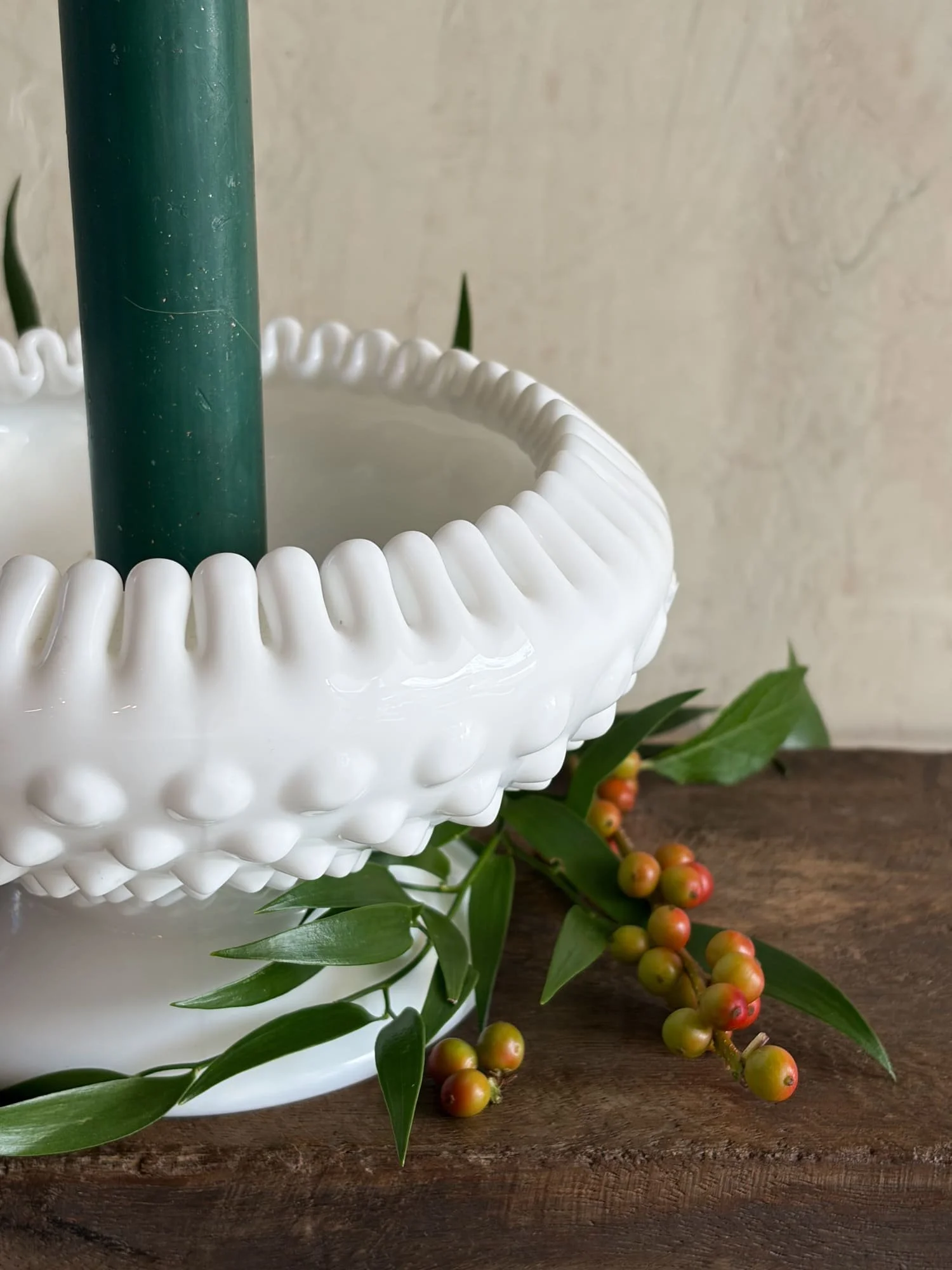 Vintage Fenton White Milk Glass Hobnail Ribbon Edge Candle Holder Compote