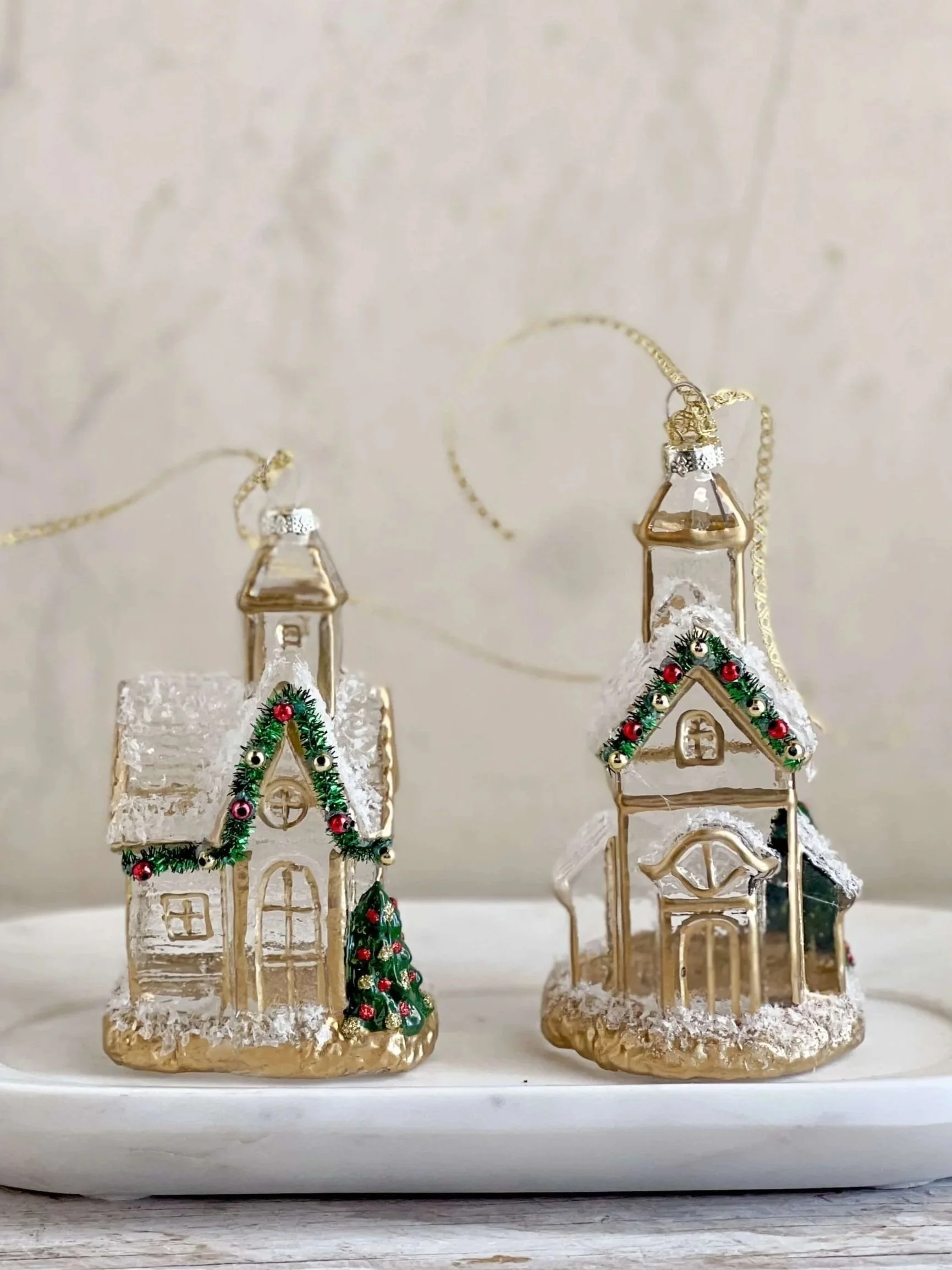 Glass Church Ornaments - Hand-Painted Gold Trim & Green Garland
