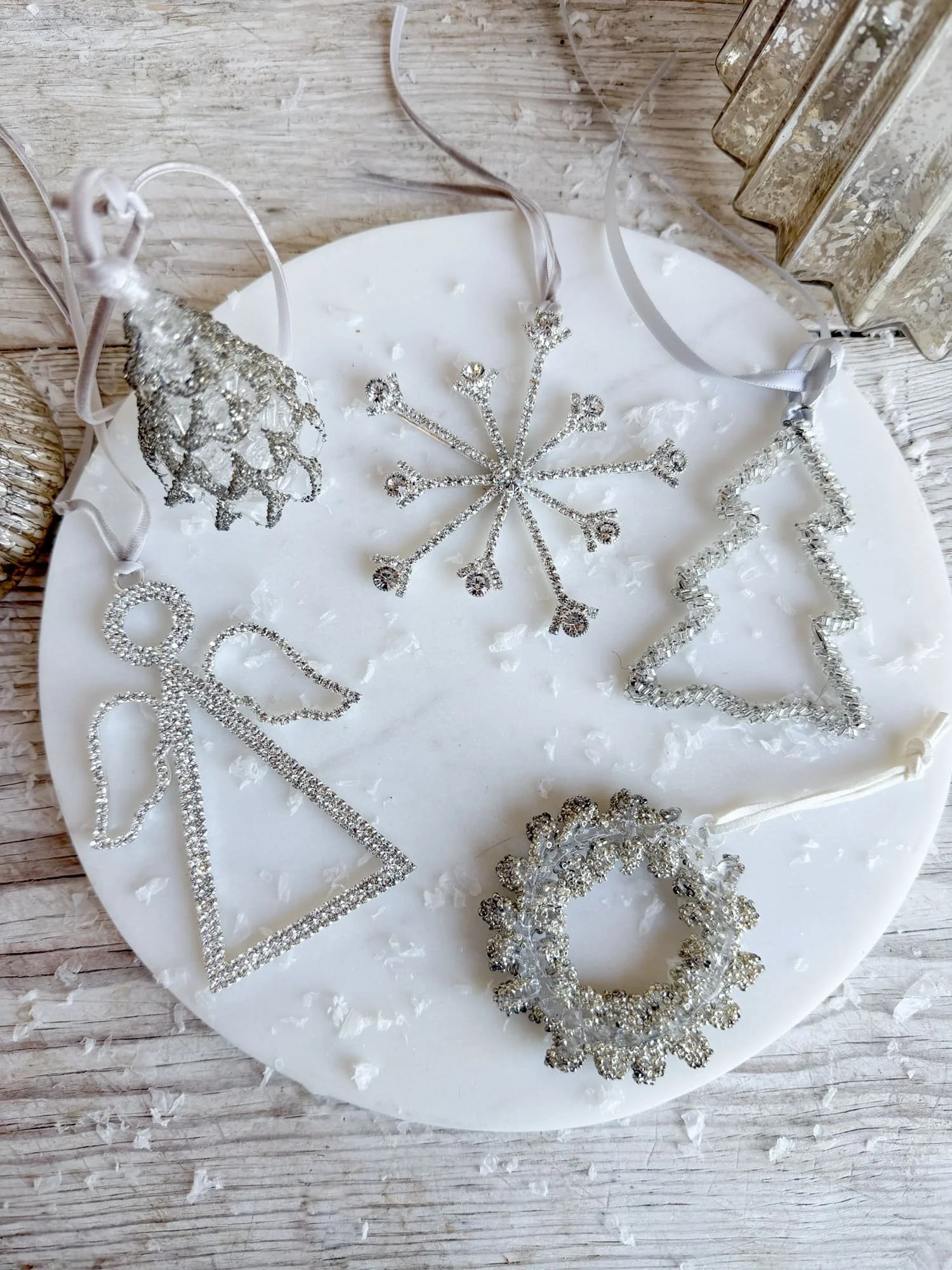 Tree, Angel & Snowflake Shaped Glass Ornaments with Glass Beads & Rhinestones