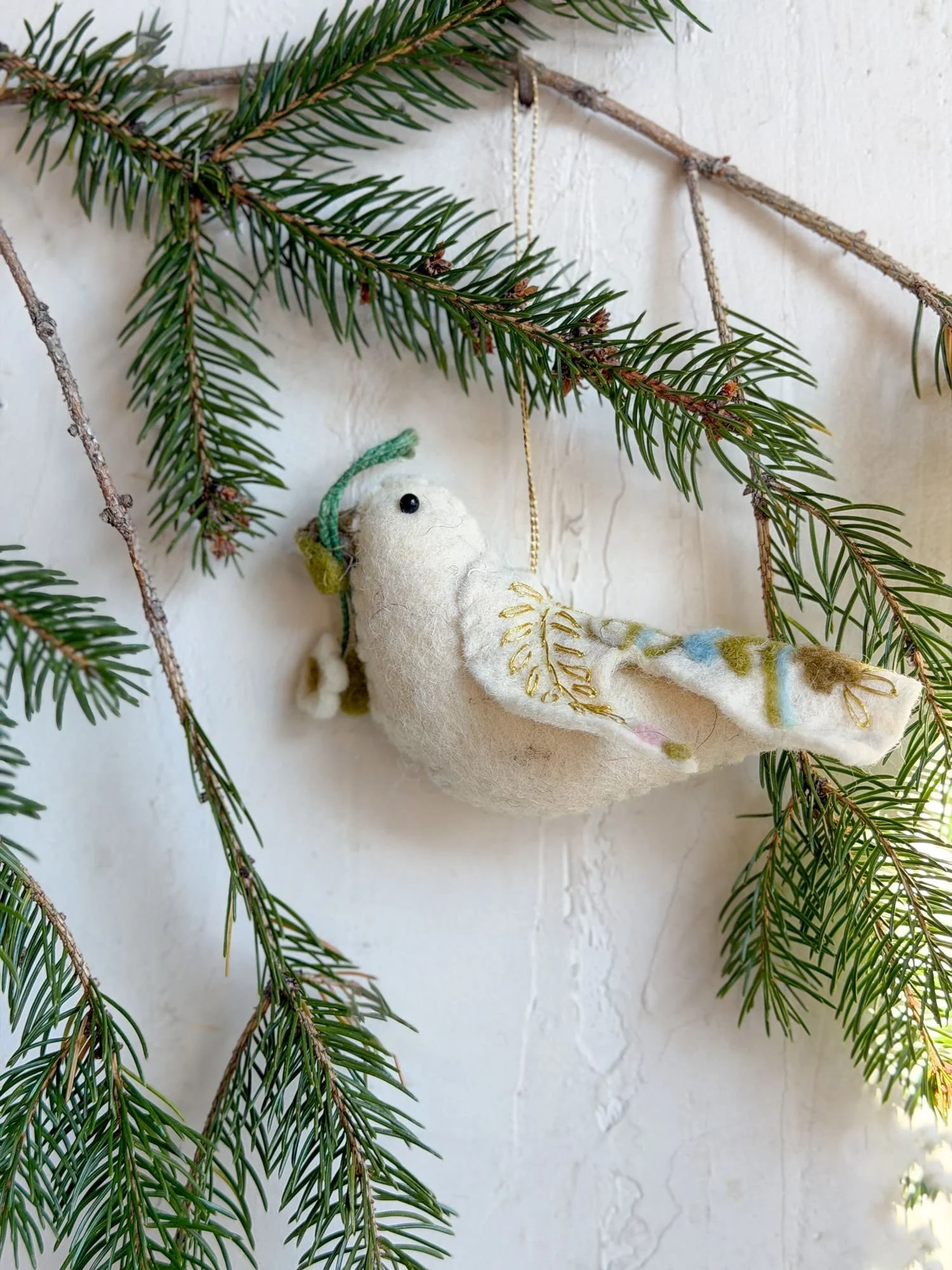 Handmade Embroidered Felted Wool White Dove Ornament