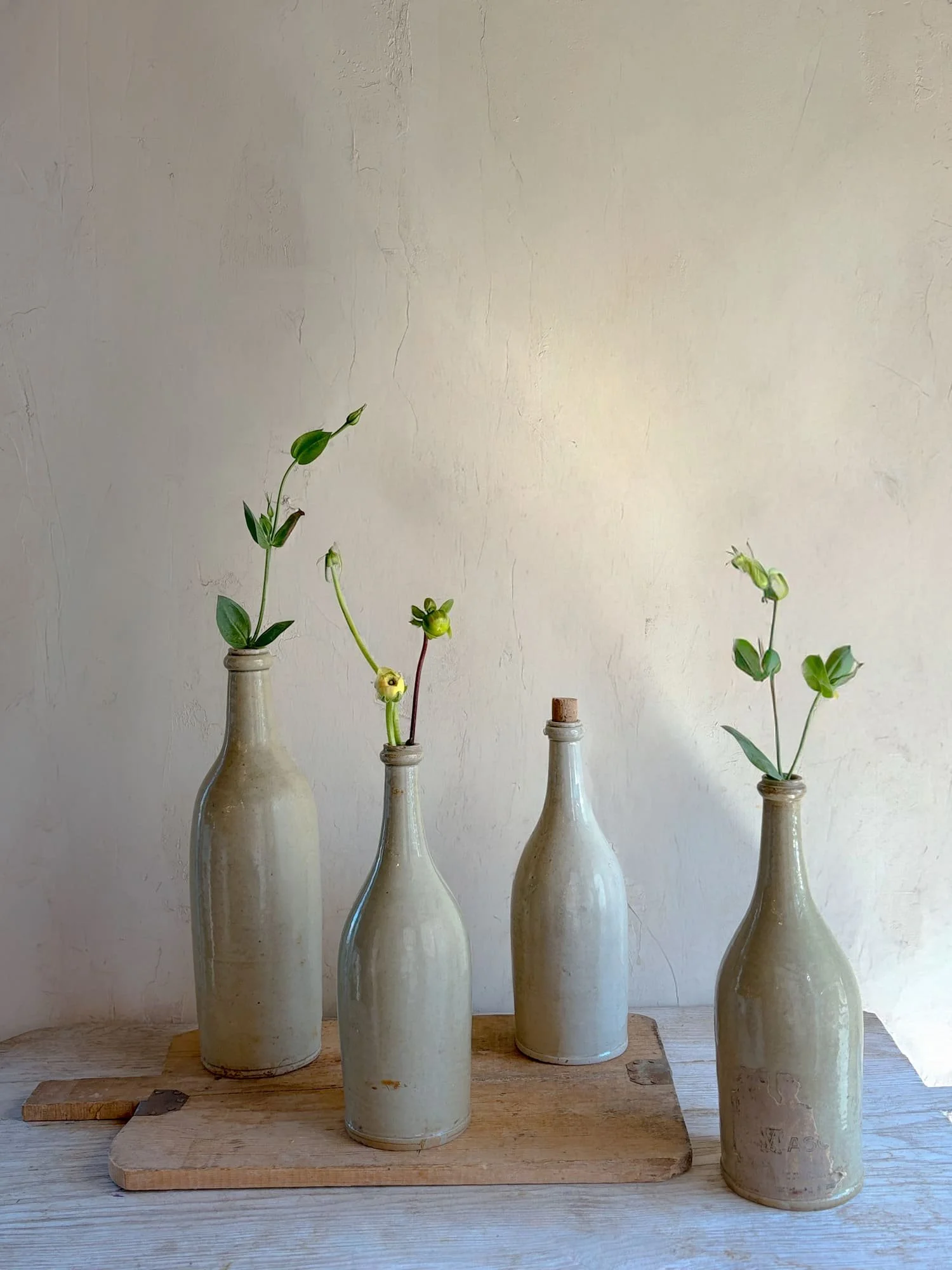 Antique French Salt Glazed Stoneware Bottles - 19th Century Burgundy Pottery