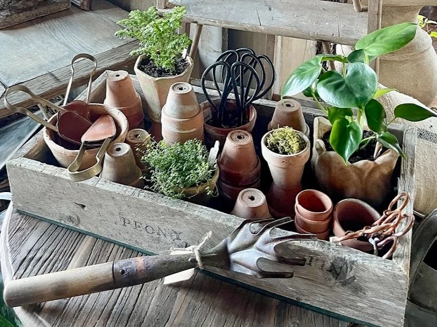 vintage gardening tools indoor plant care terracotta plant containers iron floral shears