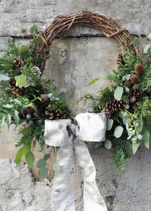 holiday wreath fresh evergreen berries french ribbon bow