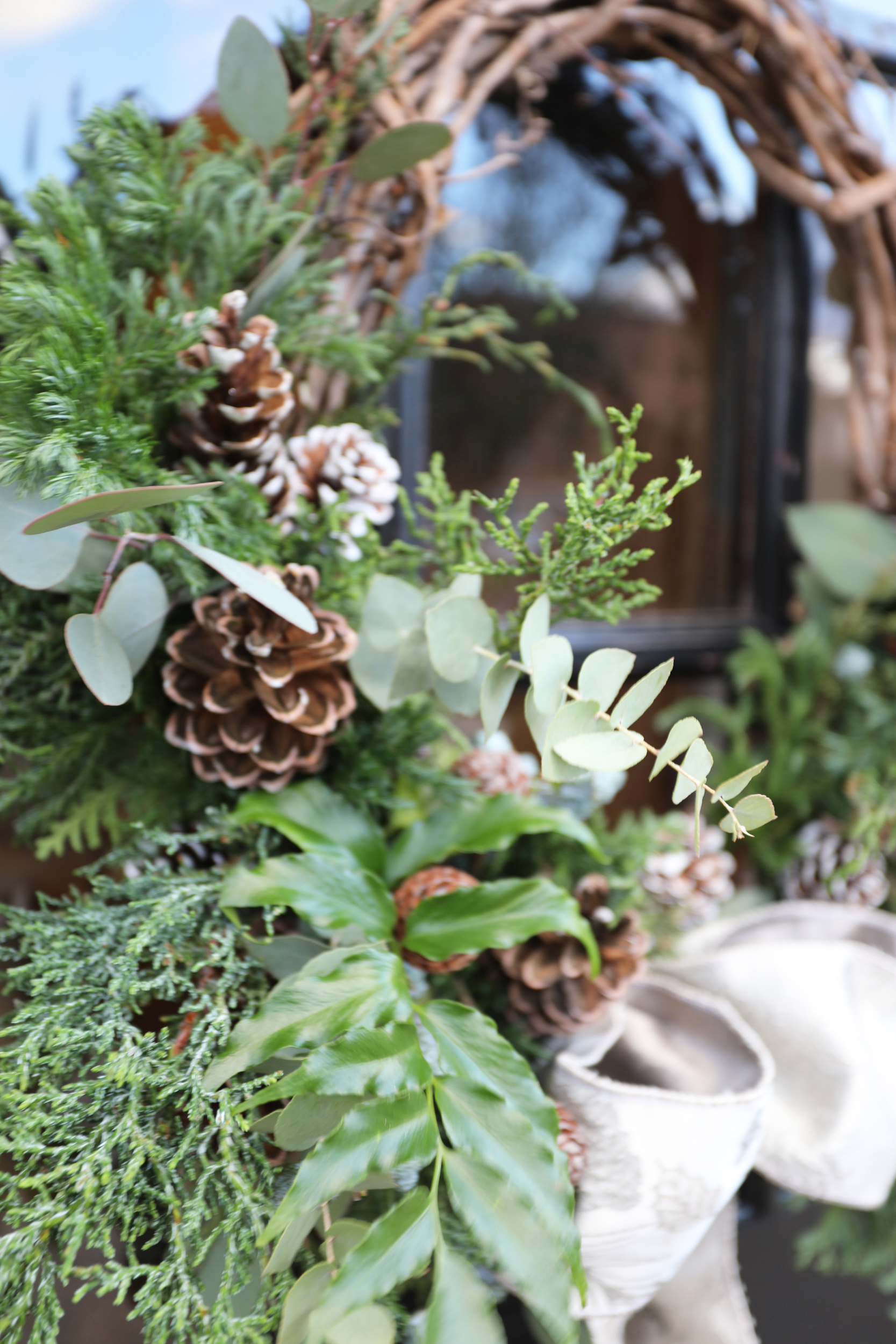 christmas wreath front door fresh winter greens berries silver ribbon bow