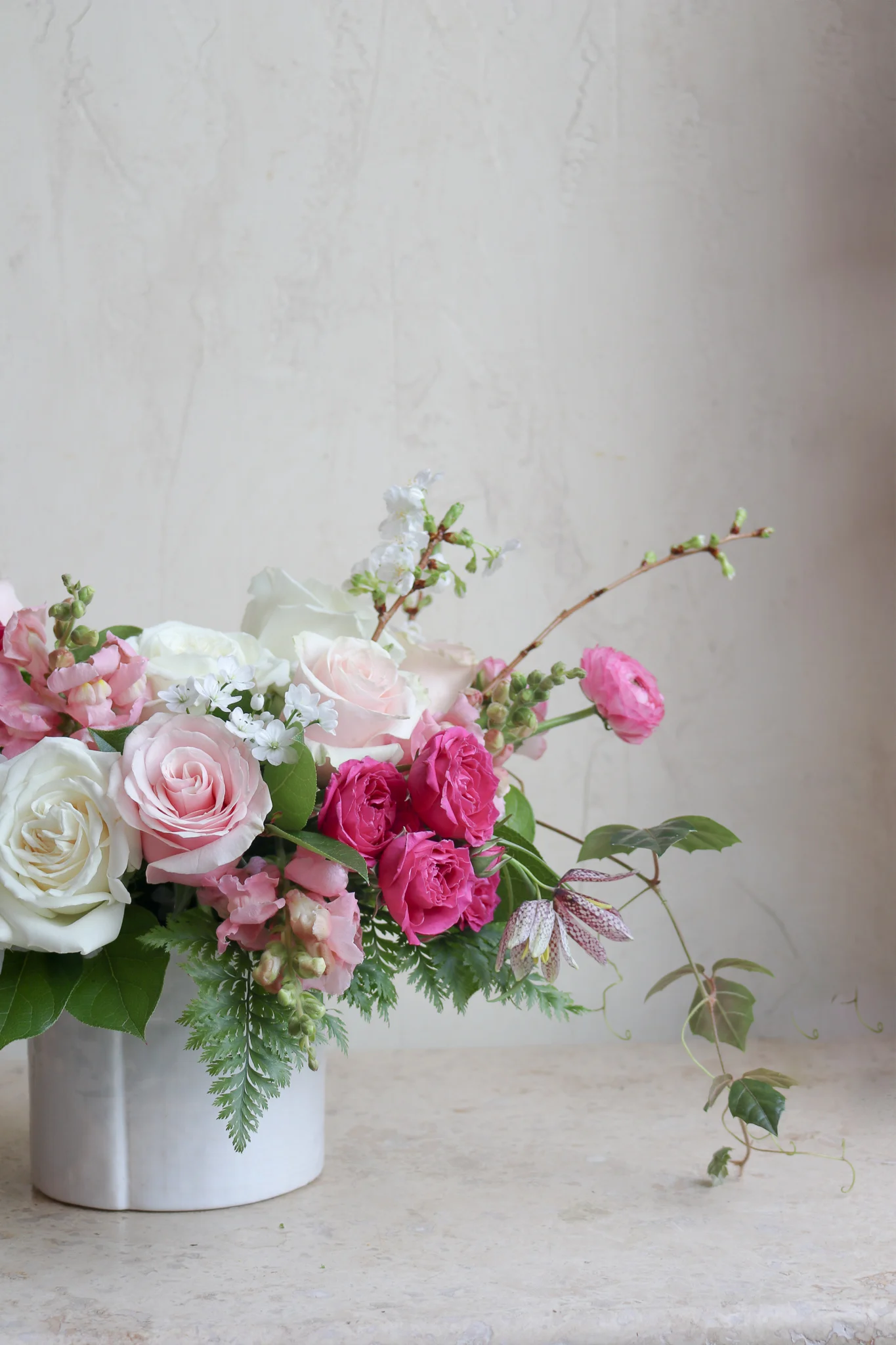 valentine's day pink white magenta flower arrangement roses ranunculus delivery andover ma