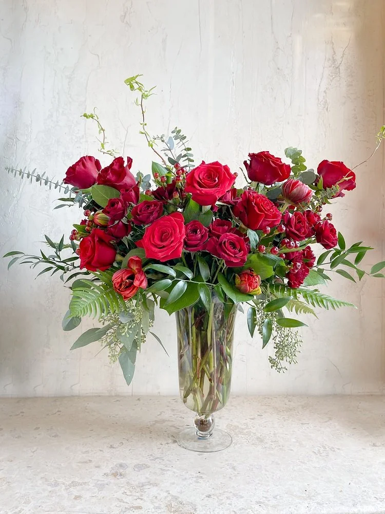 red roses valentine's day tall large floral arrangement valentines flower delivery andover ma florist