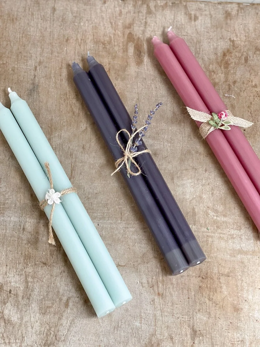 candle tapers coordinating colors rose pink light blue dark gray dinner taper candles