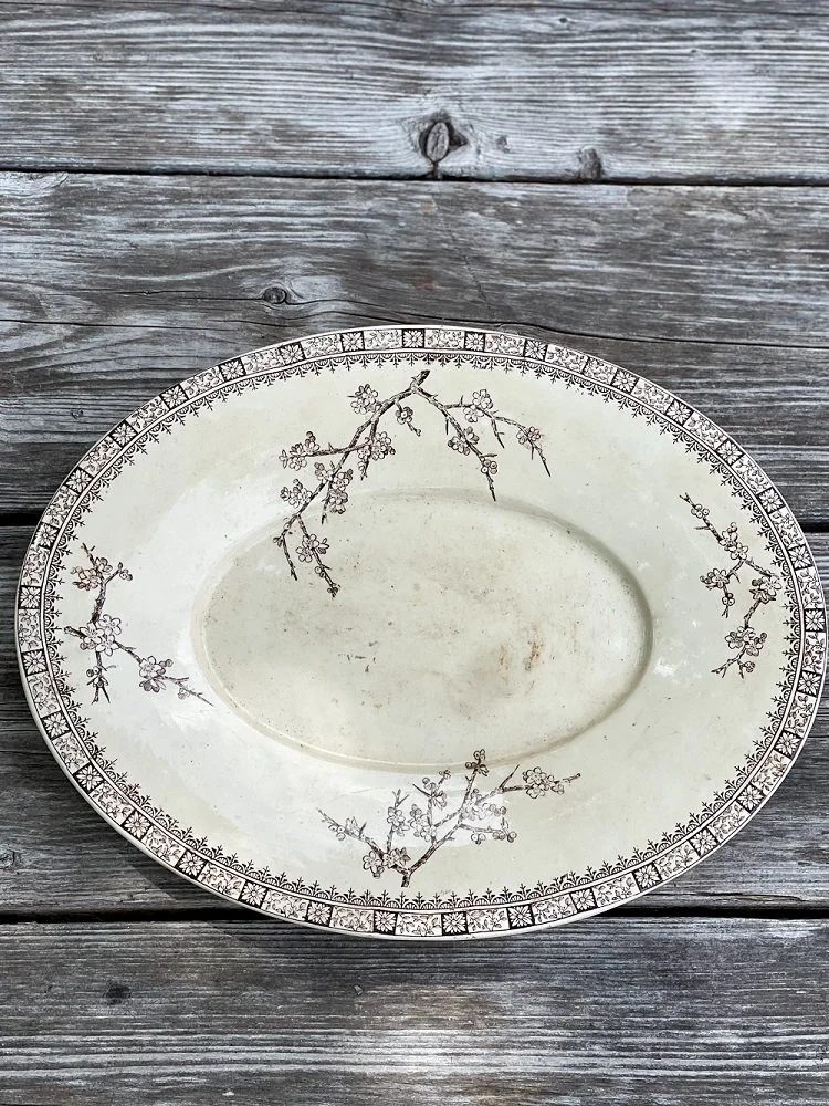 brown transferware oval platter flowers blossom branches burslam england
