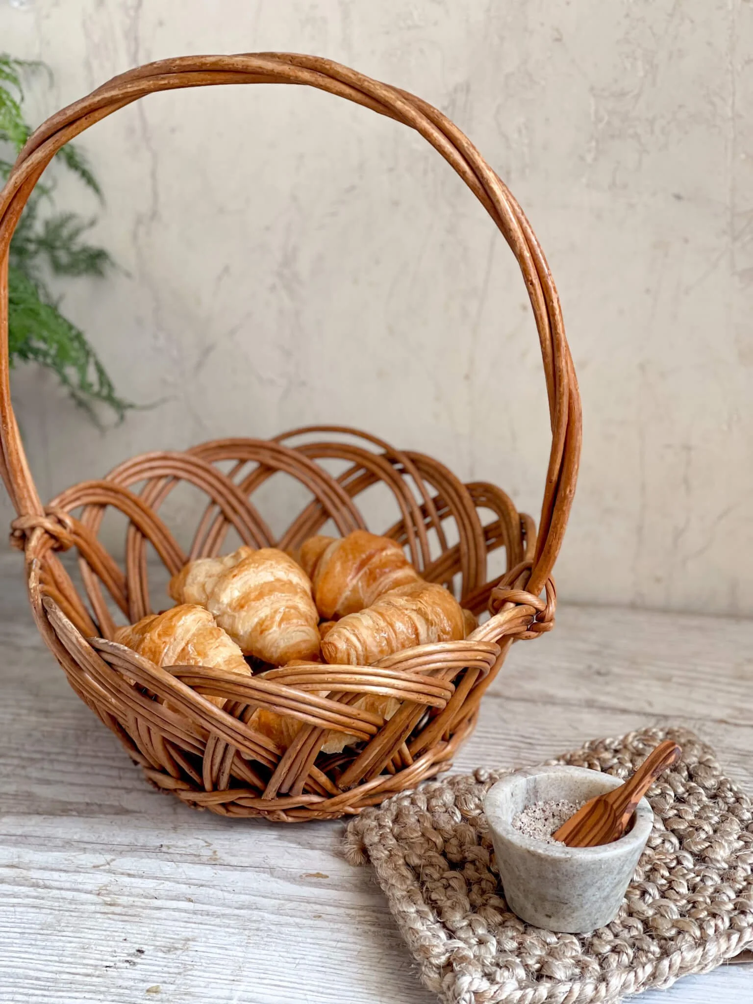 vintage open weave rattan basket tall handle fruit bread flower carrying display basket