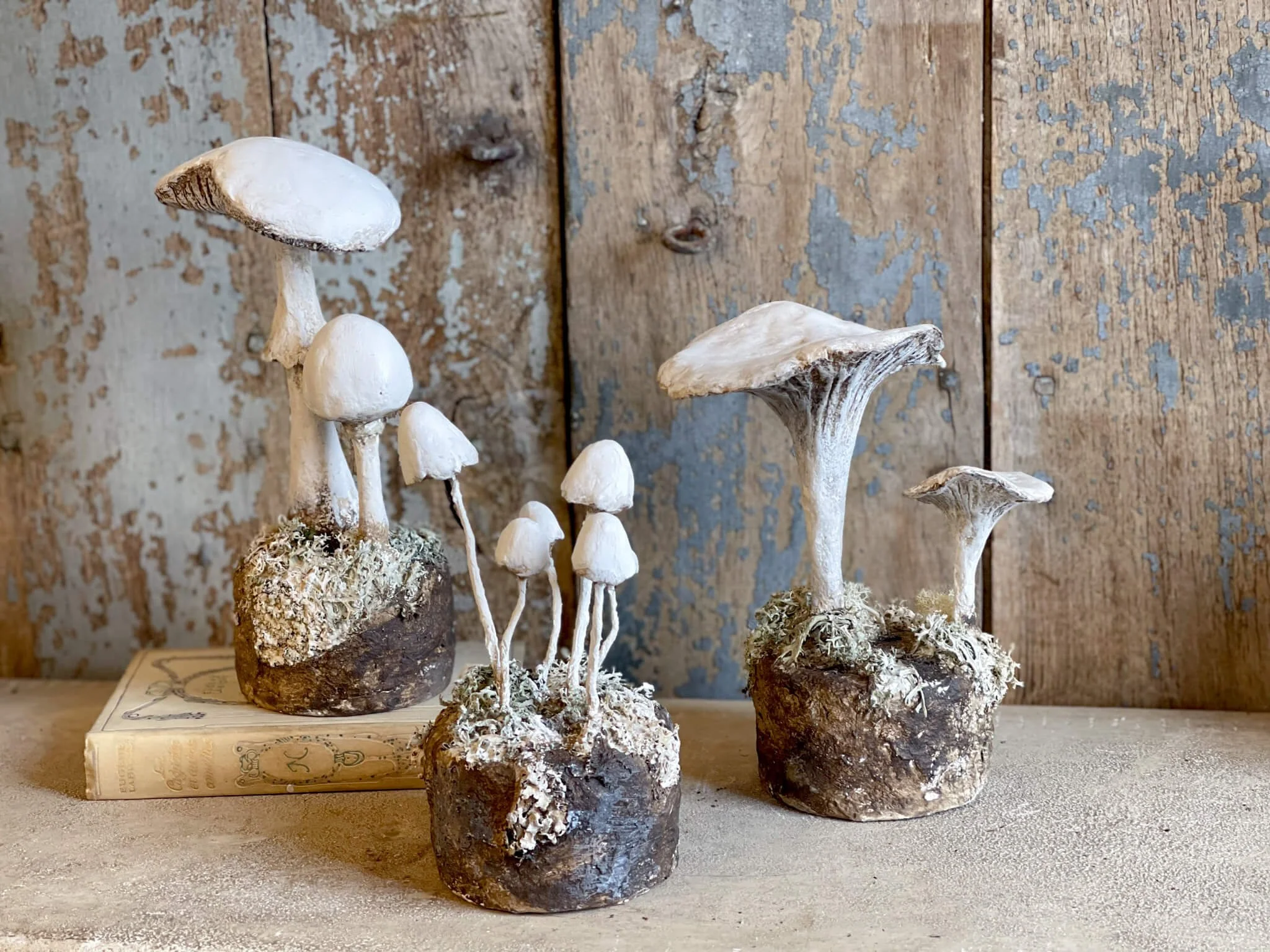Handmade Paper Mache Champignon Mushroom Sculptures by French 